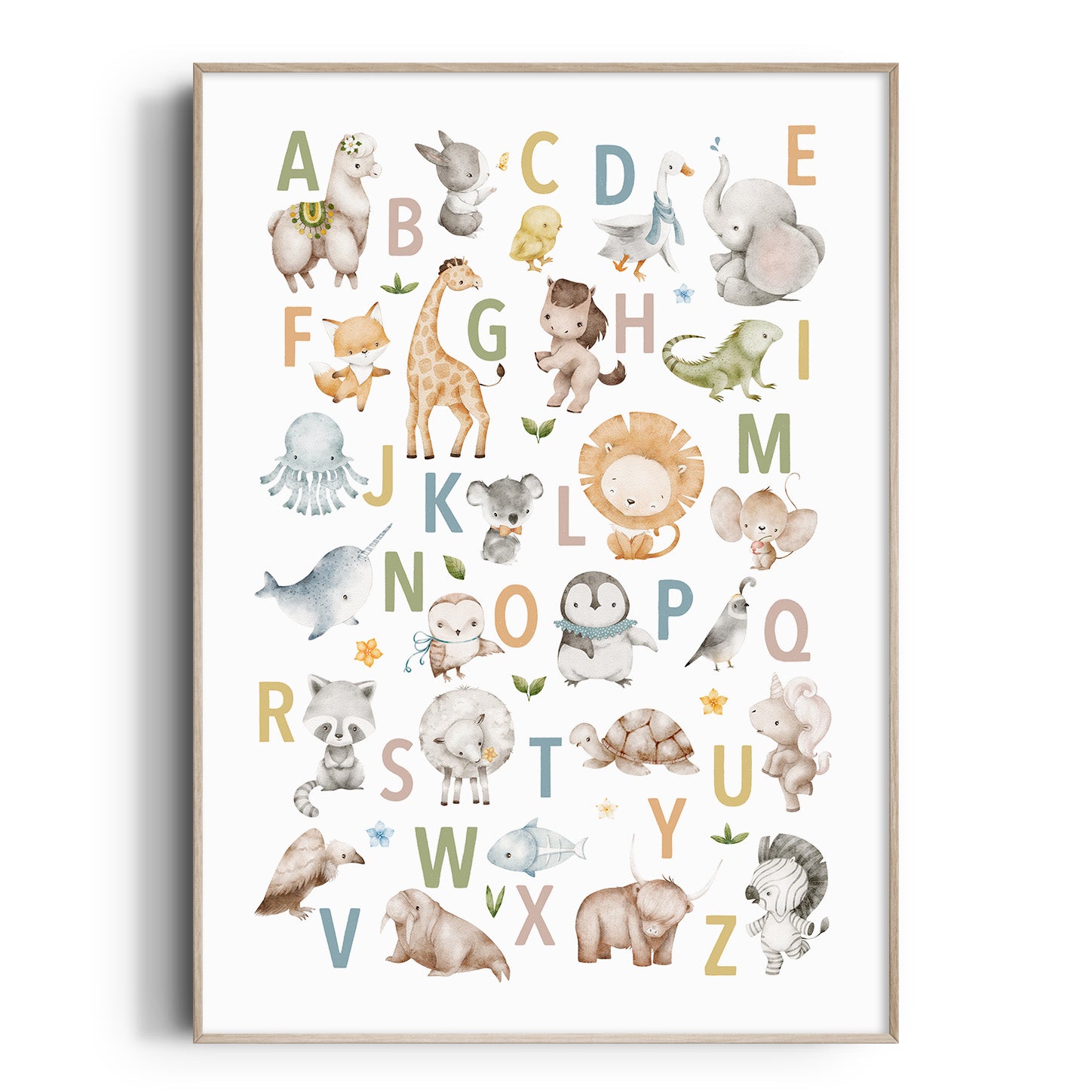 A wall art print featuring an animal-themed alphabet, with letters paired with cute animal illustrations.