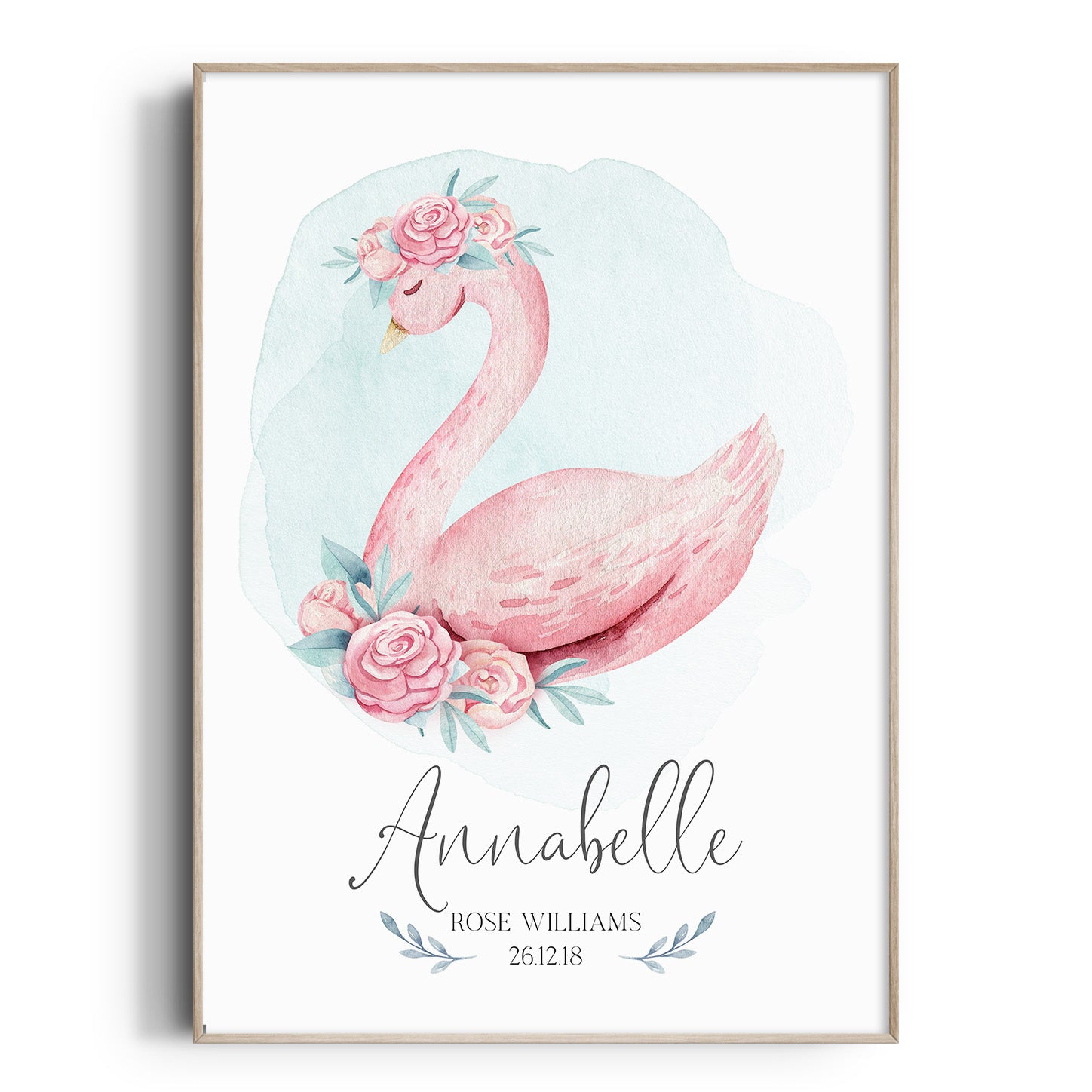 Pink Floral Watercolour Swan Birth Print