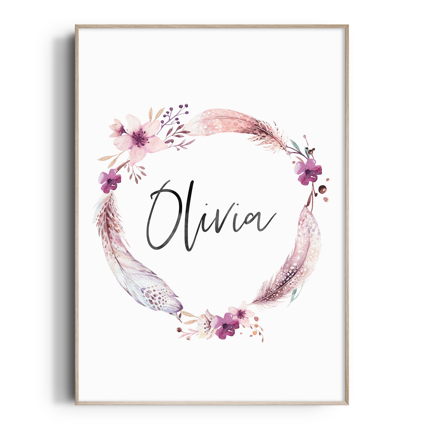 Boho Feather & Floral Wreath Name Print