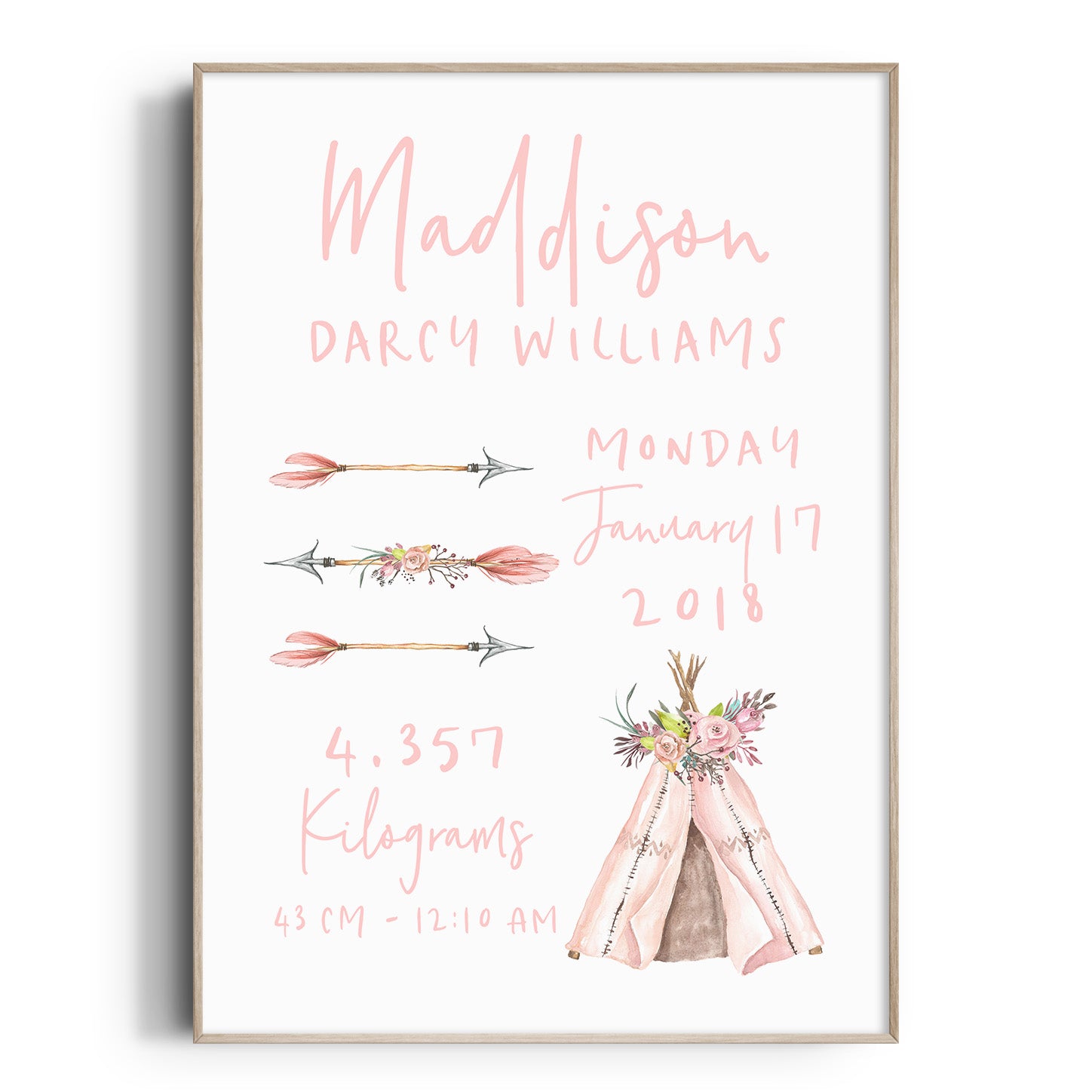 Floral Boho Tribal Teepee & Arrow Birth Print