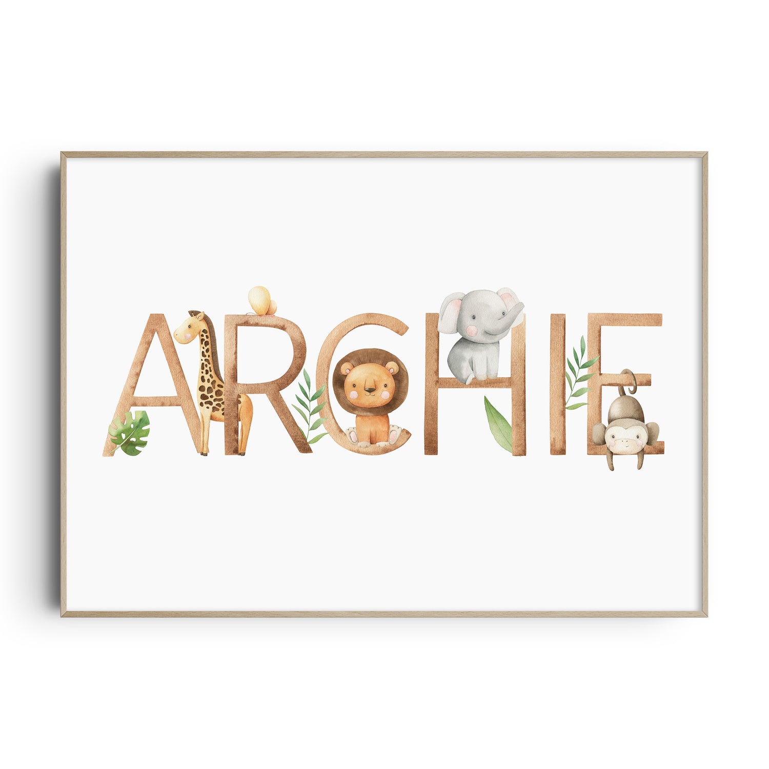 A personalized baby name print with the name 'ARCHIE' arranged from letters each featuring an animal illustration, such as a giraffe, elephant, and monkey, set against a white background.