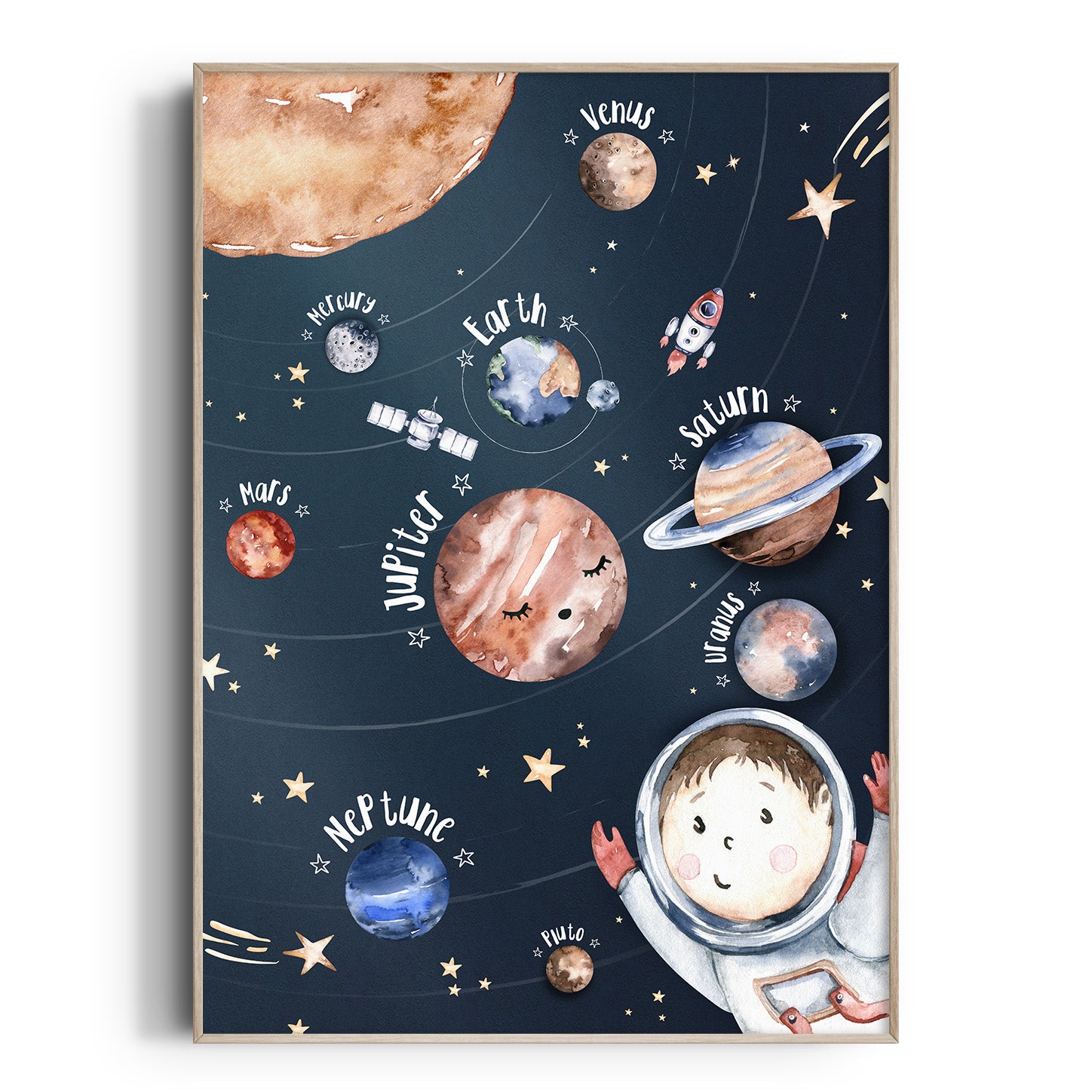 A colorful NURSERY PRINT of the solar system planets with a space theme, including Earth, Venus, Mars, Jupiter, Saturn, Uranus, and Neptune. There is also an astronaut figure in a space suit.