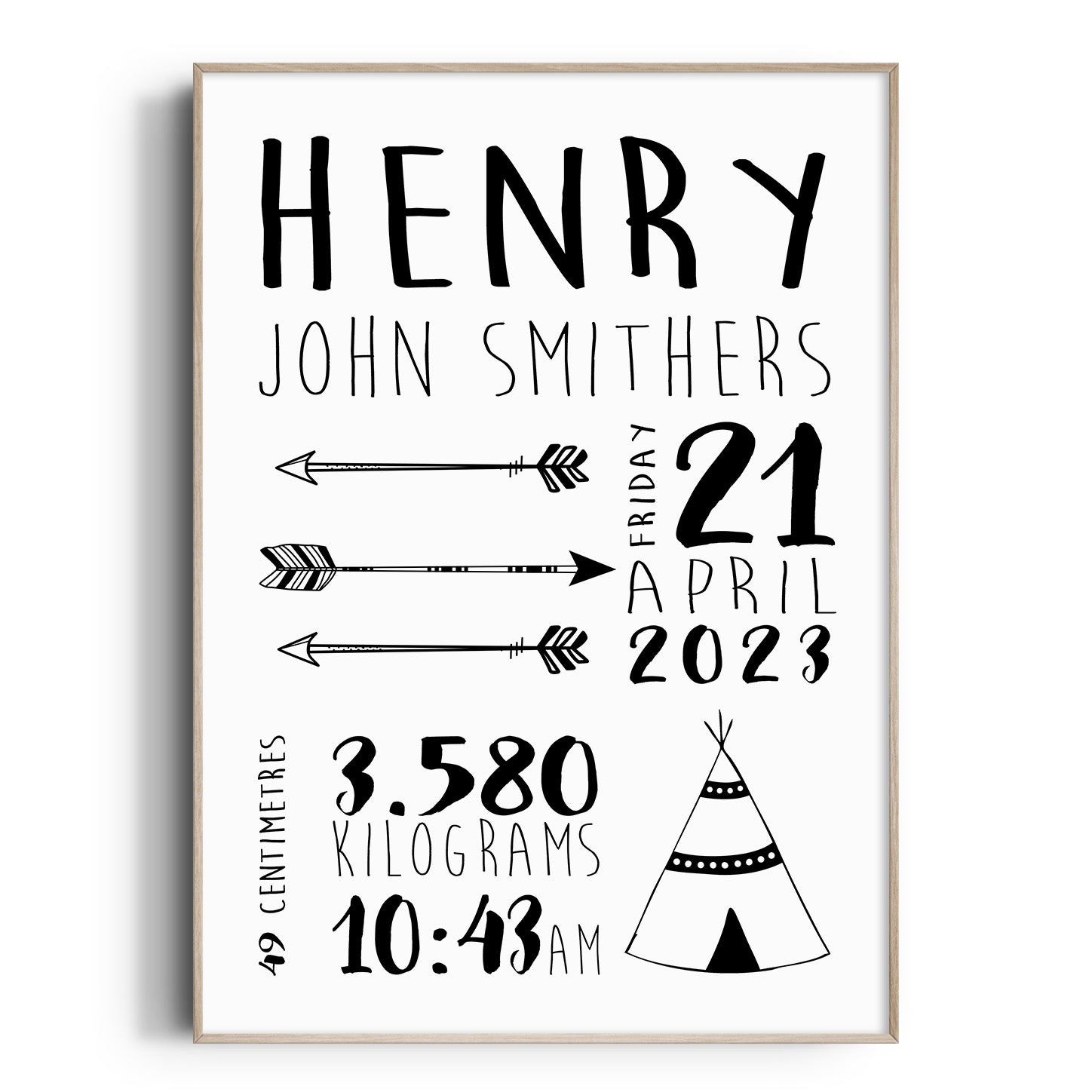 Teepee and Arrows Birth Print