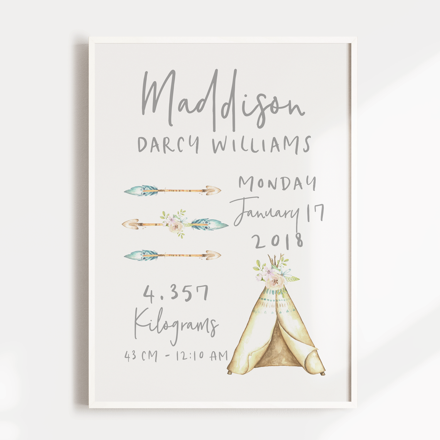 Woodland Tribal Teepee & Arrows Birth Print