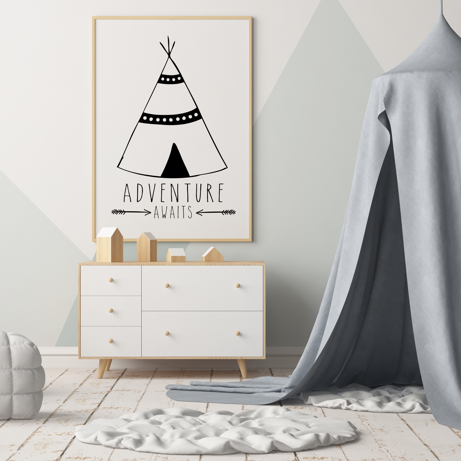 Monochrome Adventure Awaits Tribal Teepee Nursery or Bedroom Wall Art Print