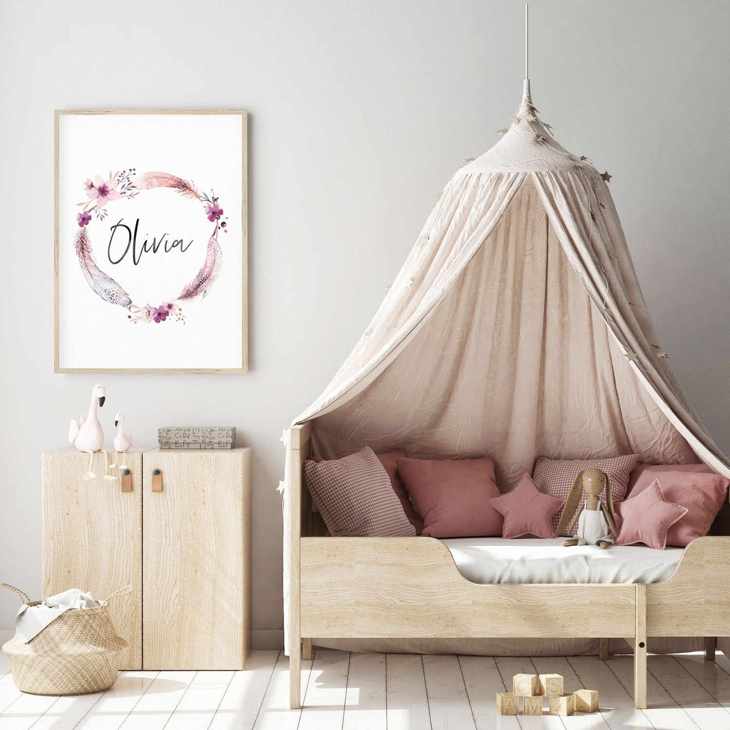 Boho Feather & Floral Wreath Name Print