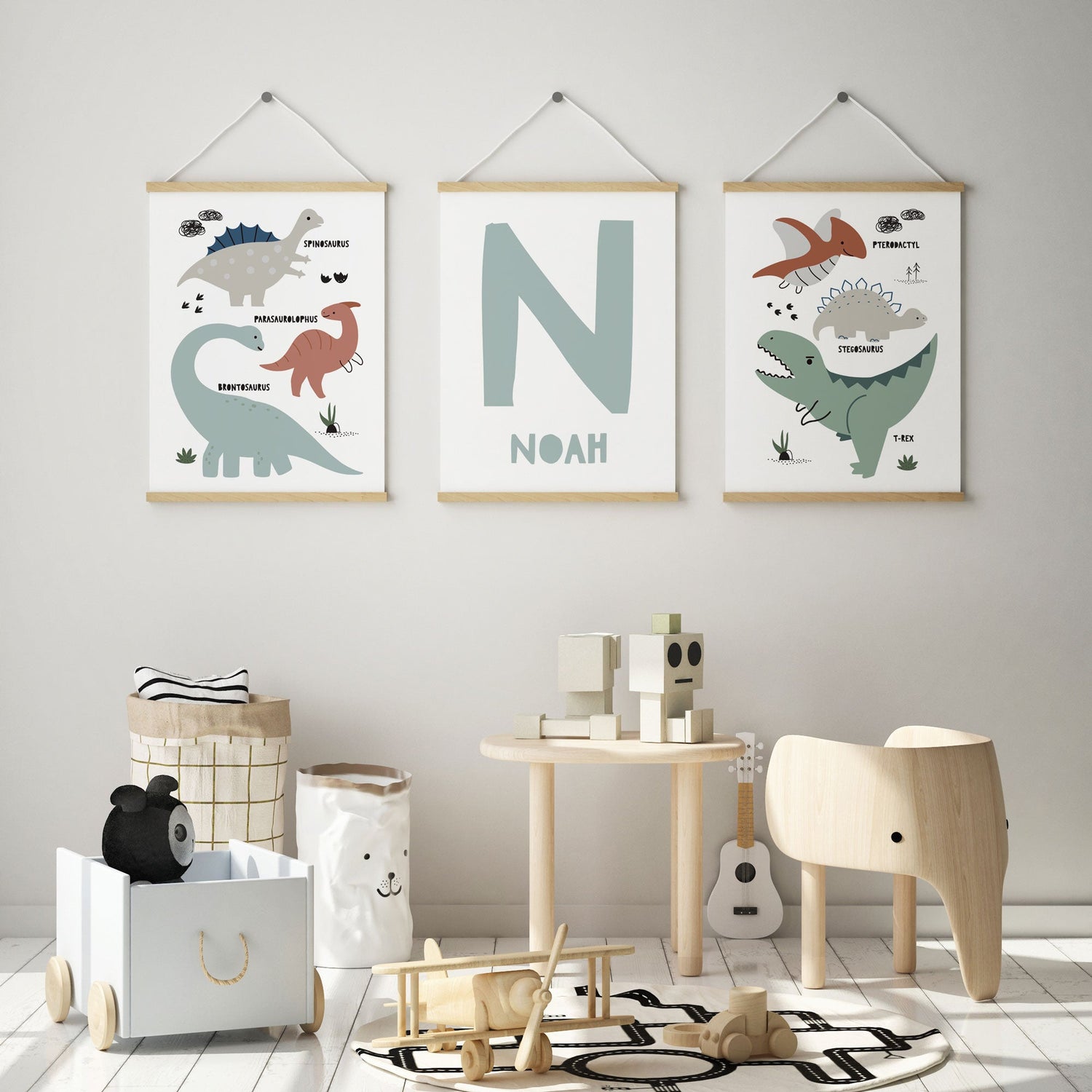 Dinosaur Nursery Playroom Wall Art Prints with name green