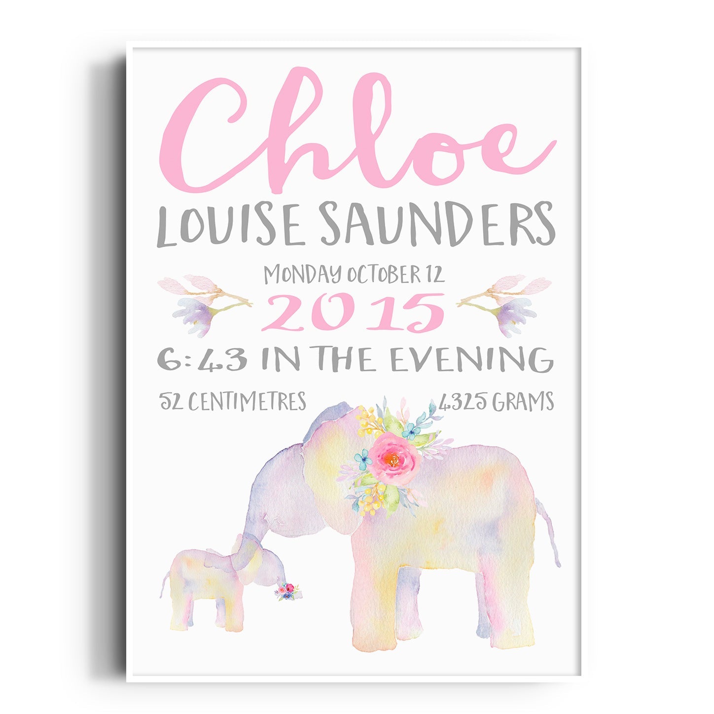 Floral Elephant Birth Print