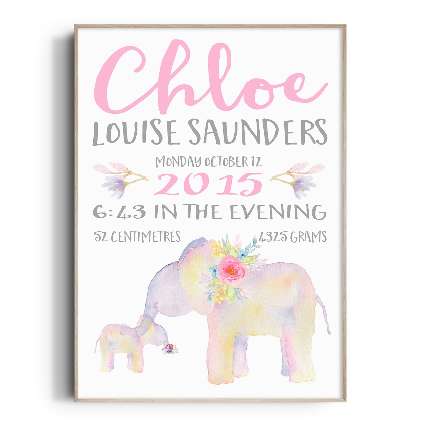 Floral Elephant Birth Print
