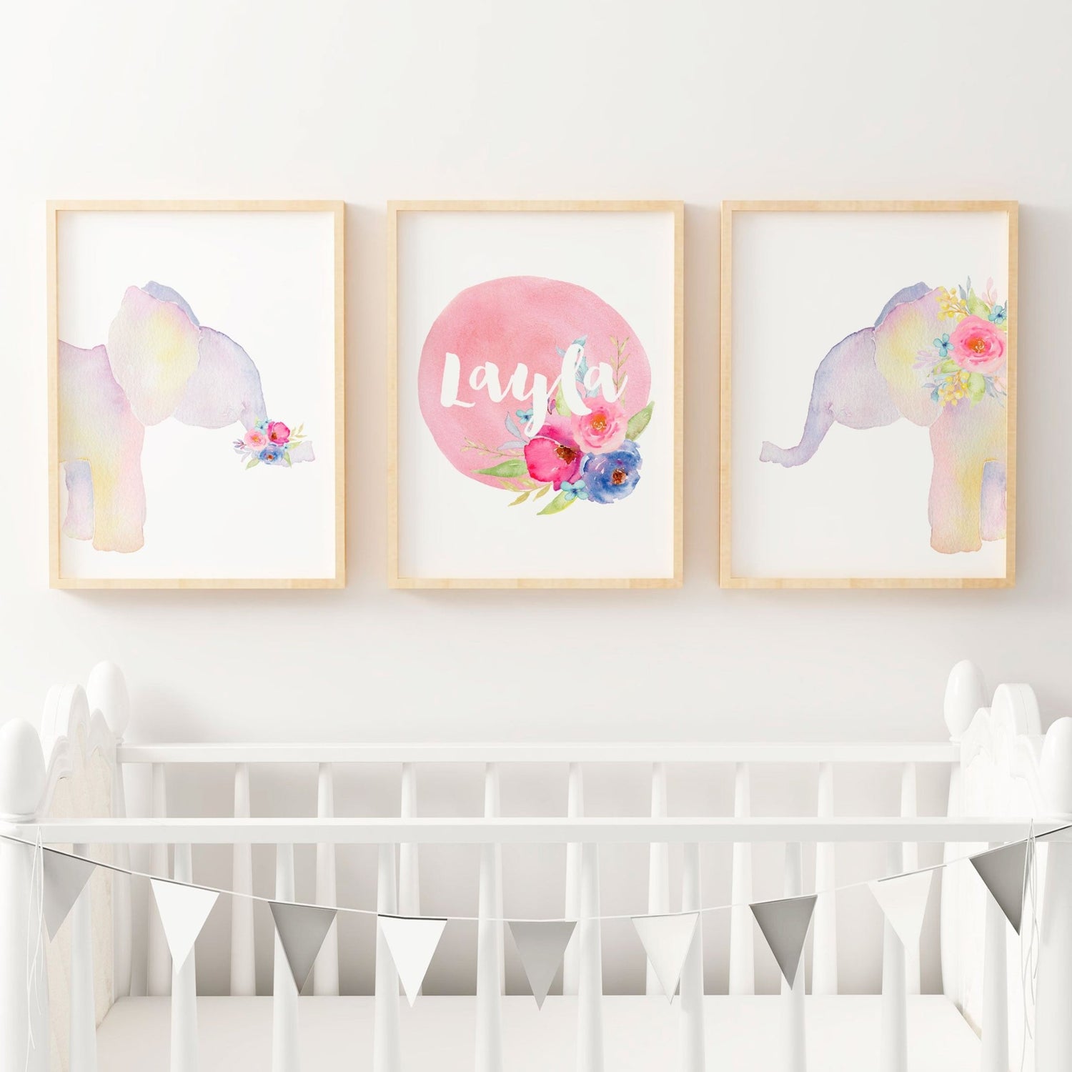 Floral Watercolour Elephants & Name Prints