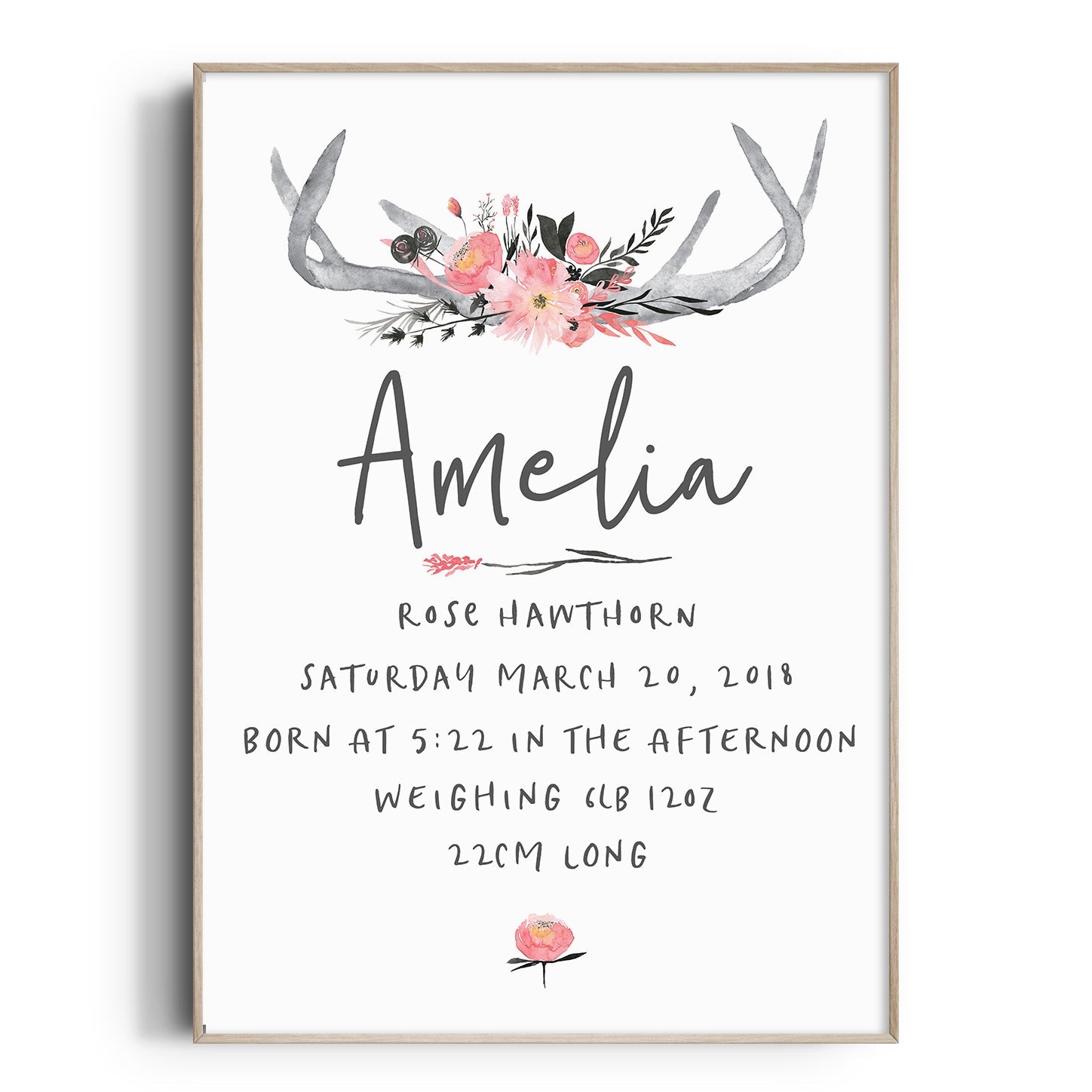 Floral Woodland Antler Birth Print
