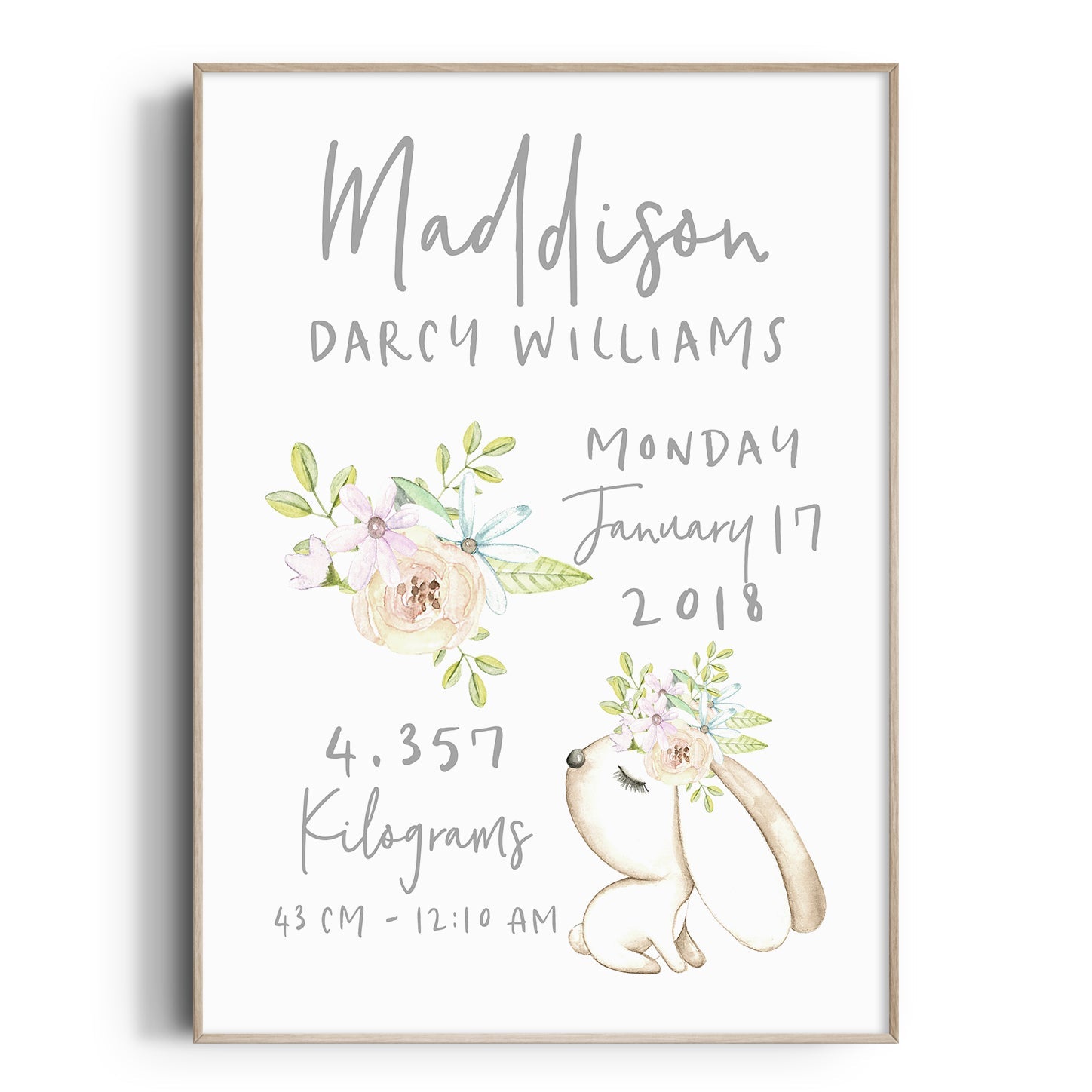 Floral Woodland Bunny Birth Print