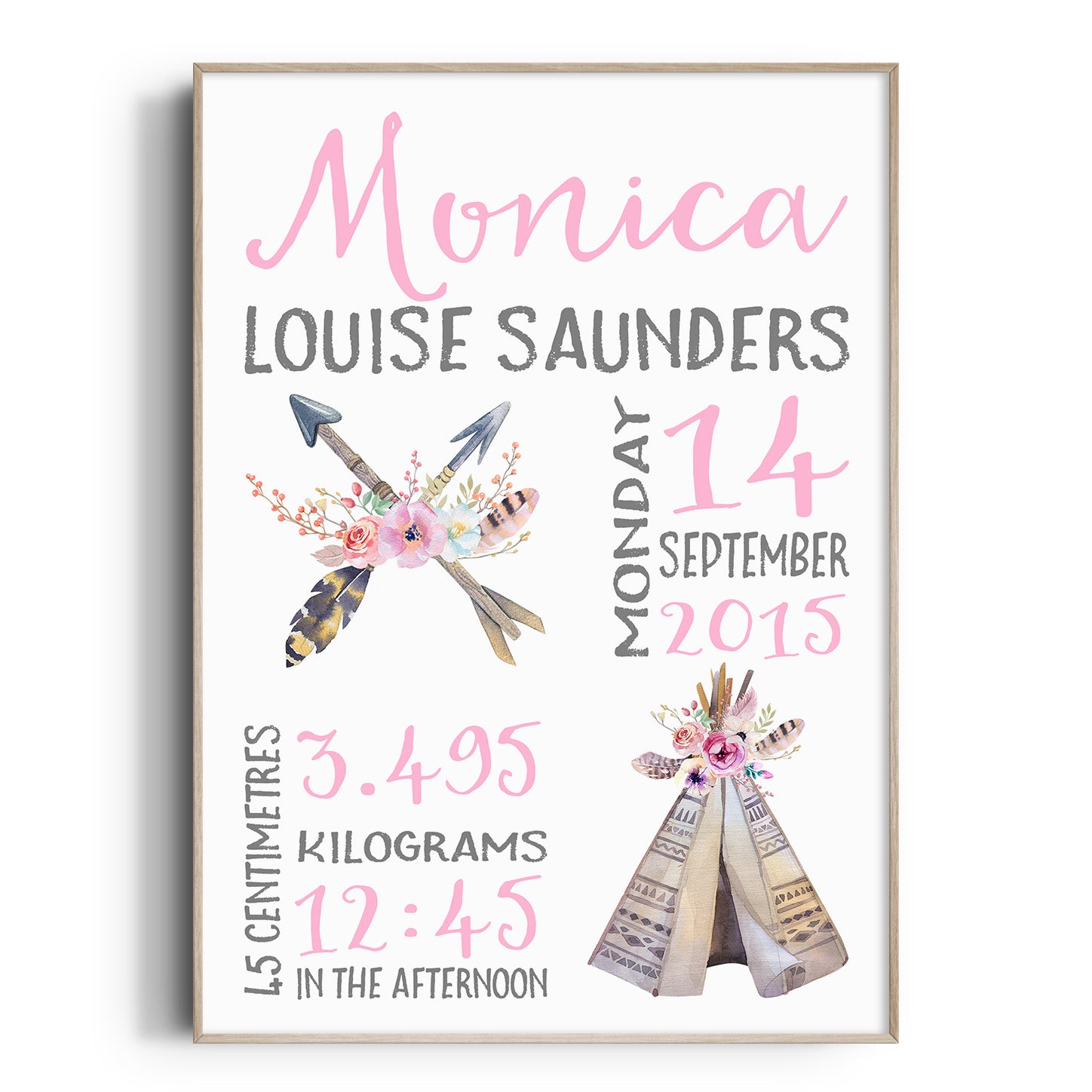 Boho Tribal Teepee & Arrows Birth Print