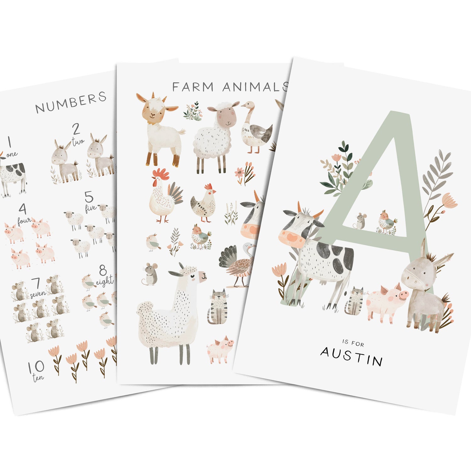 Farm Animals, Numbers, Letter & Name Prints