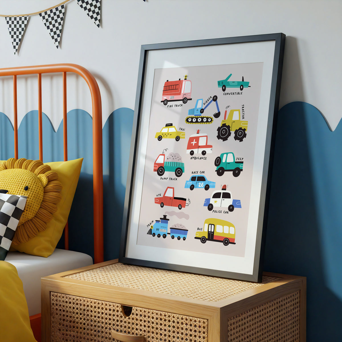 Colourful Transport Print | Cars, Trucks & Trains