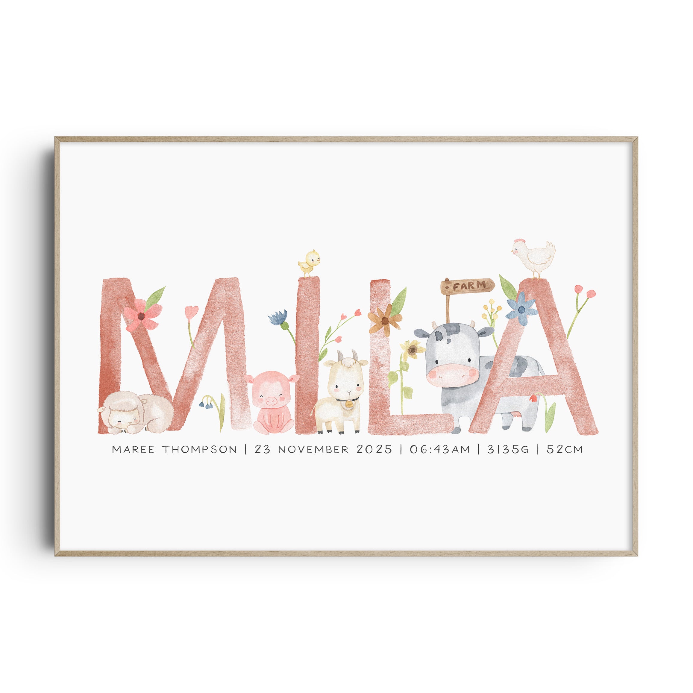 Floral Farm Animal Name Print