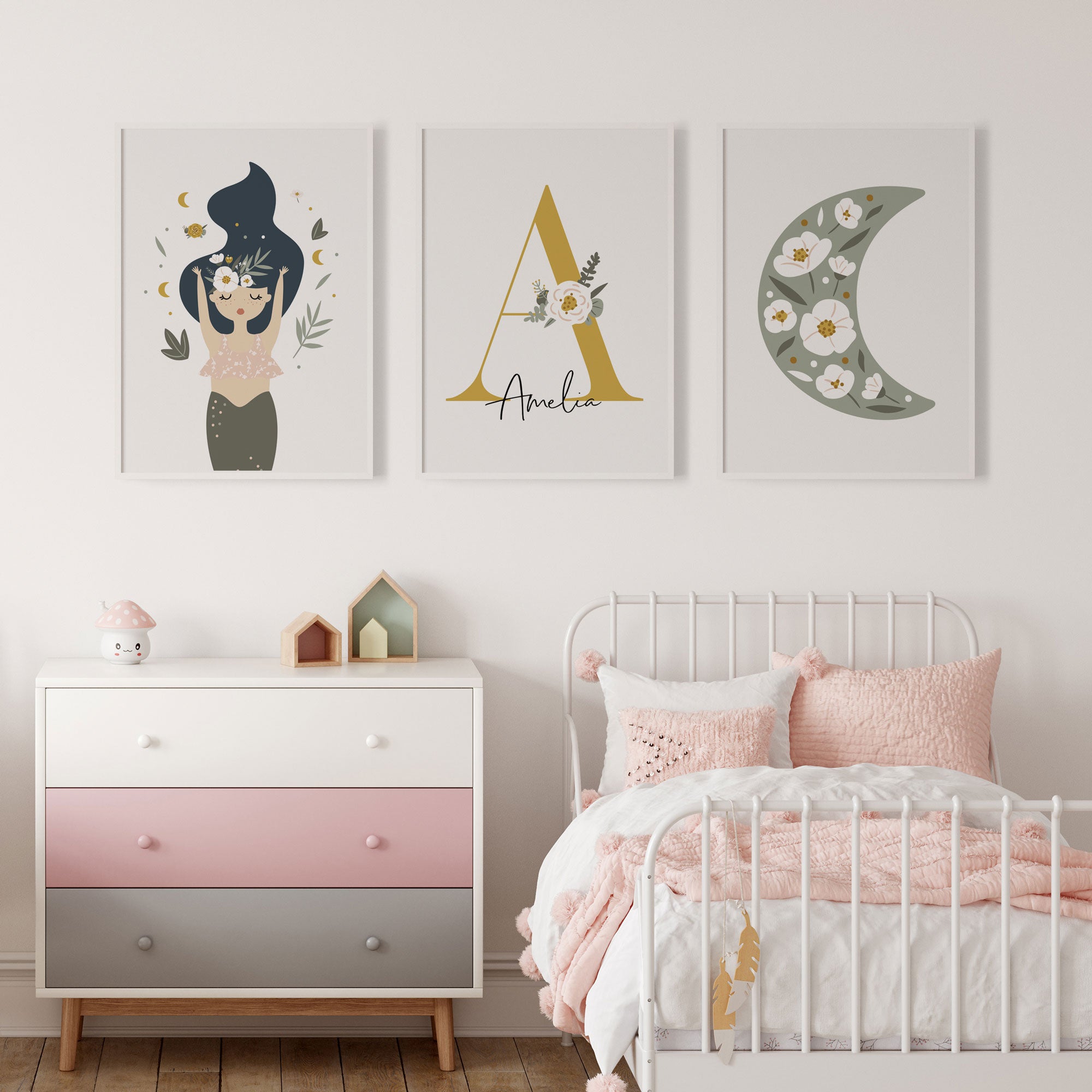 Mermaid, Moon & Name Print
