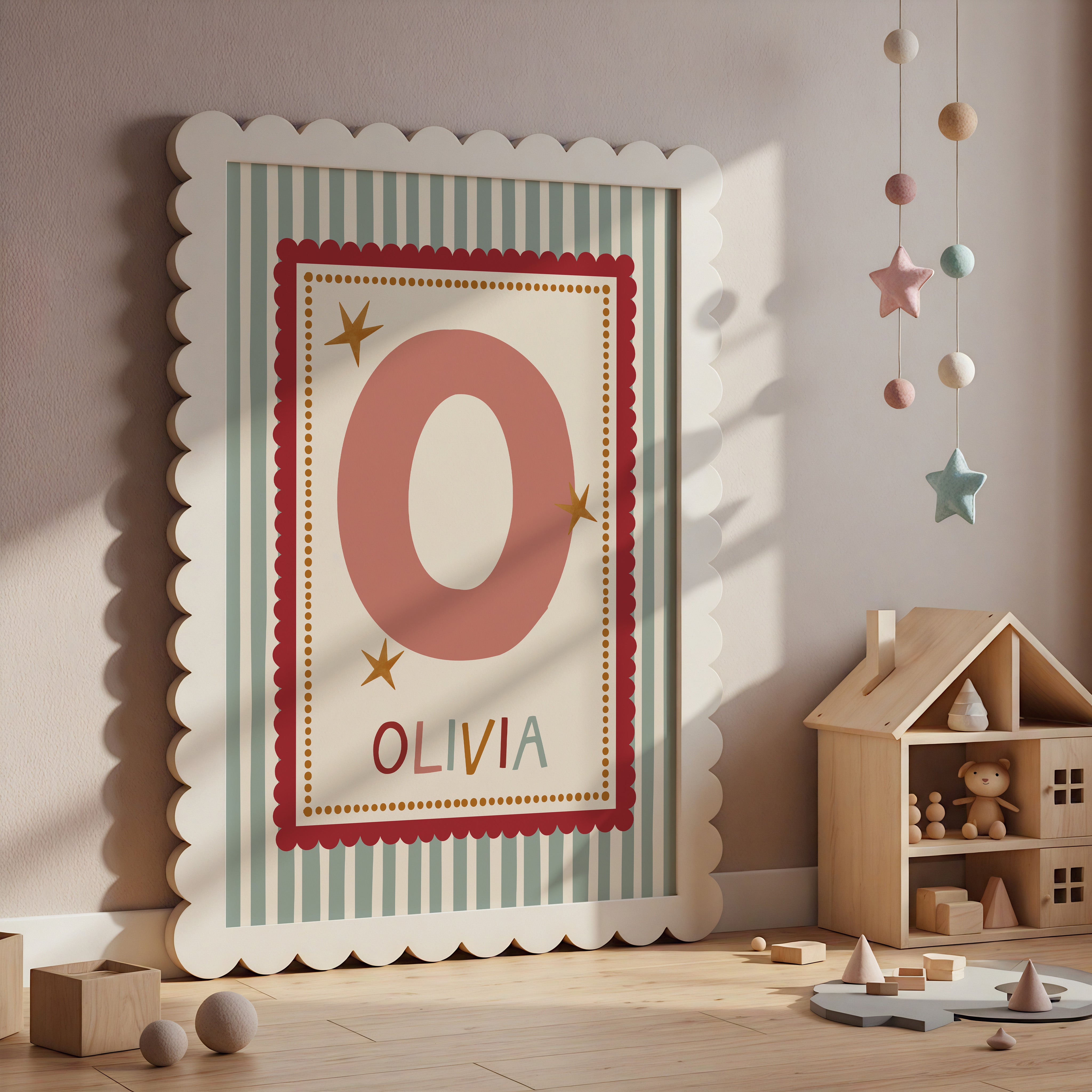 Red Scallop Green Stripe Letter & Name Print
