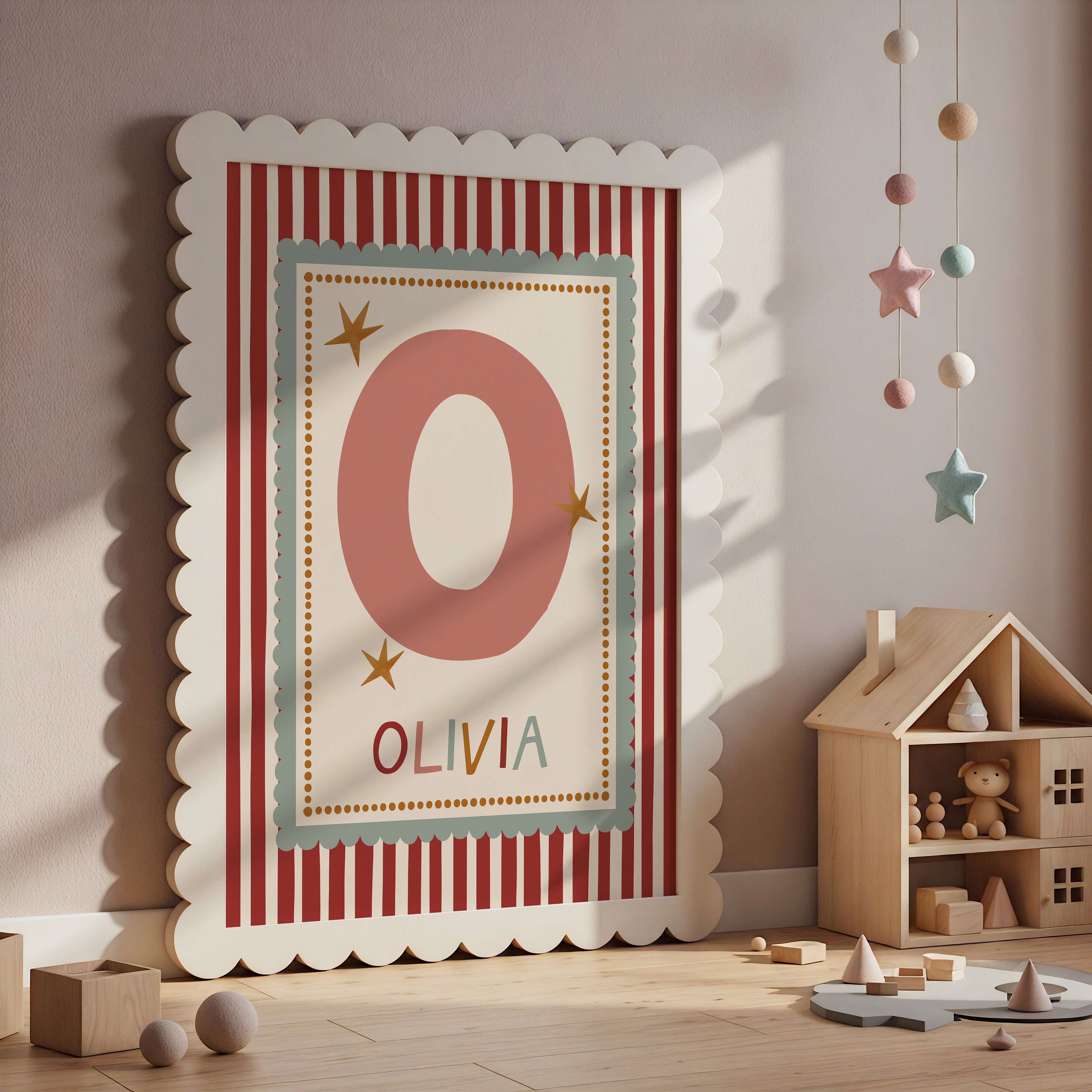 Green Scallop Red Stripe Letter & Name Print