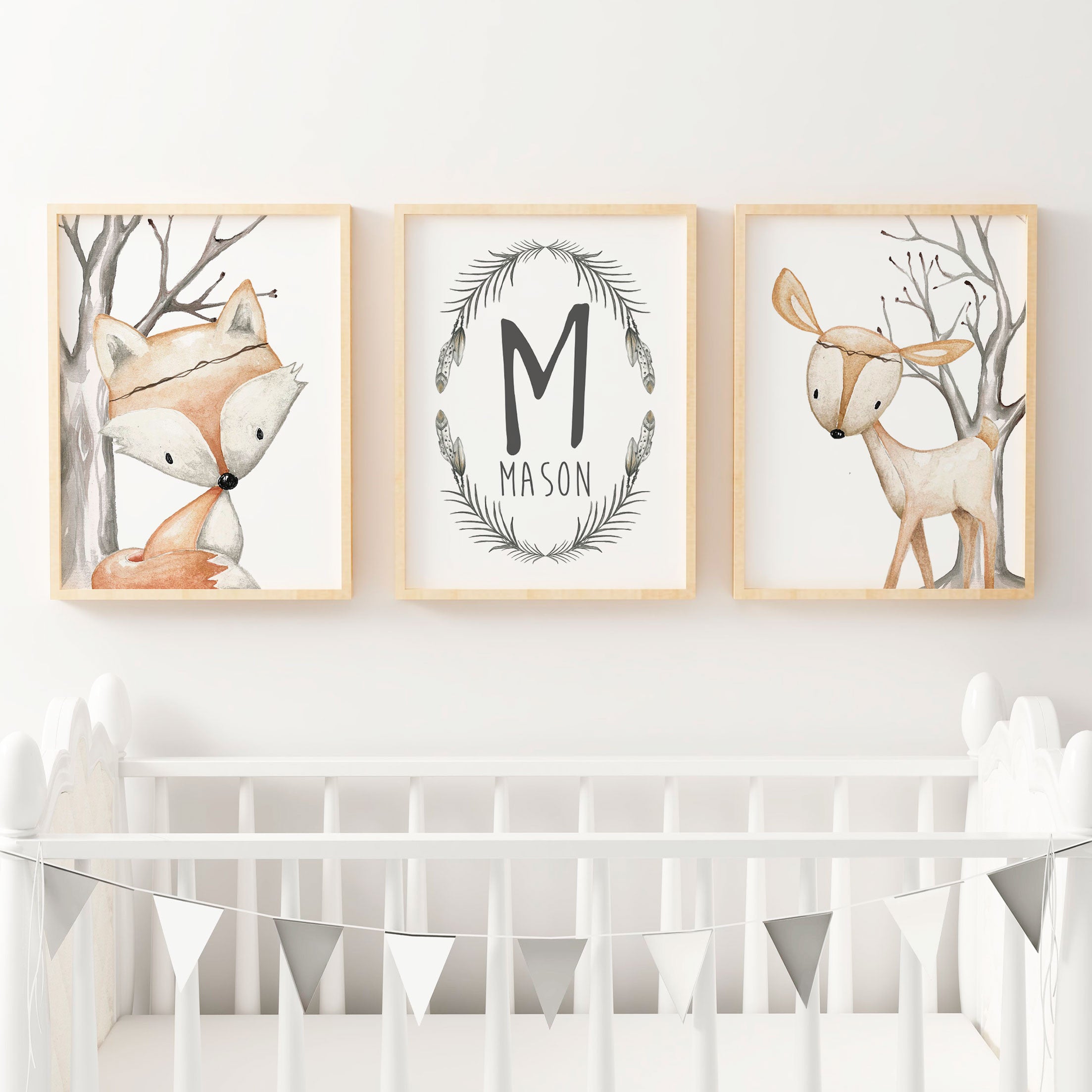 Boys Woodland Nursery Prints | Deer, Fox & Name Print