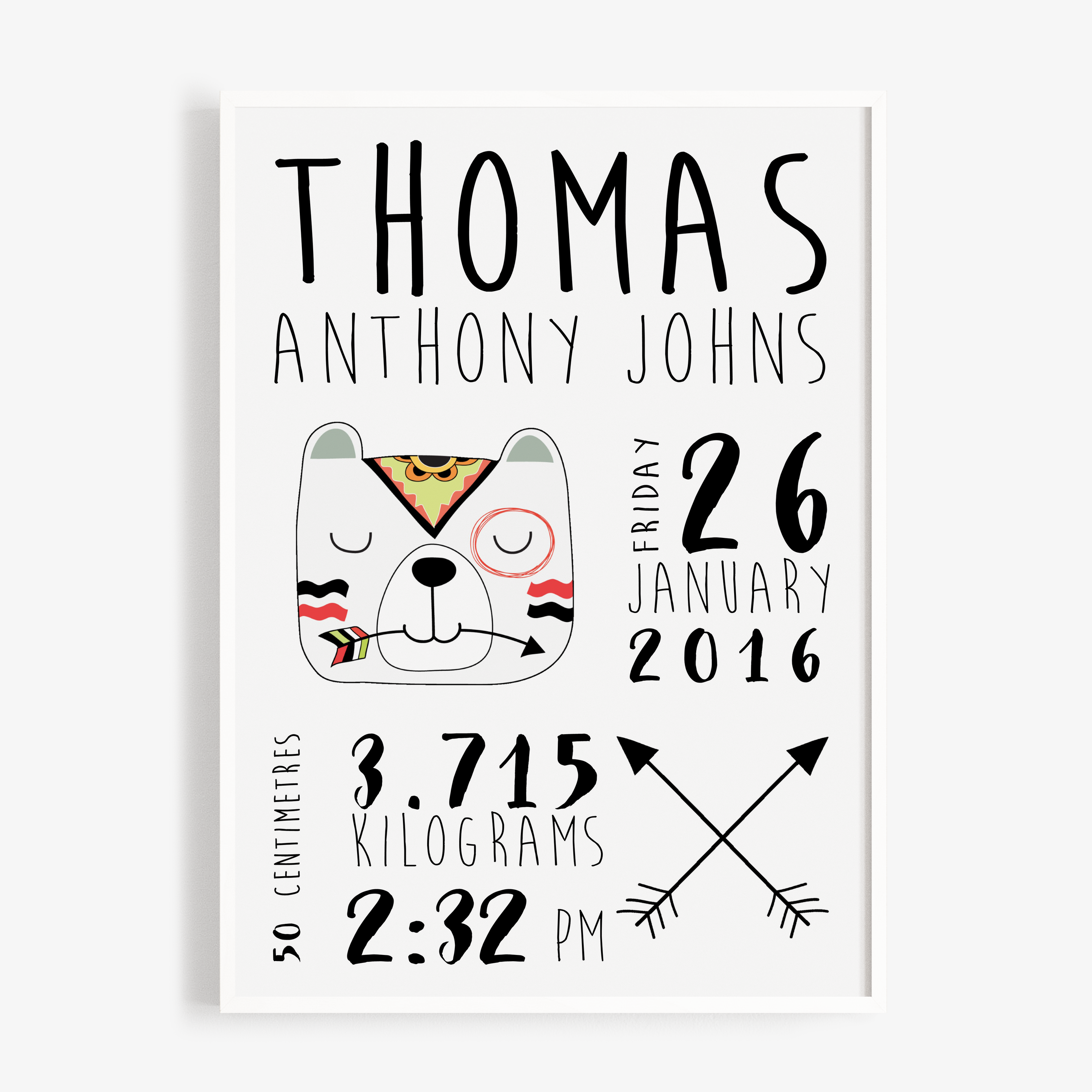 Tribal Bear & Arrows Birth Print