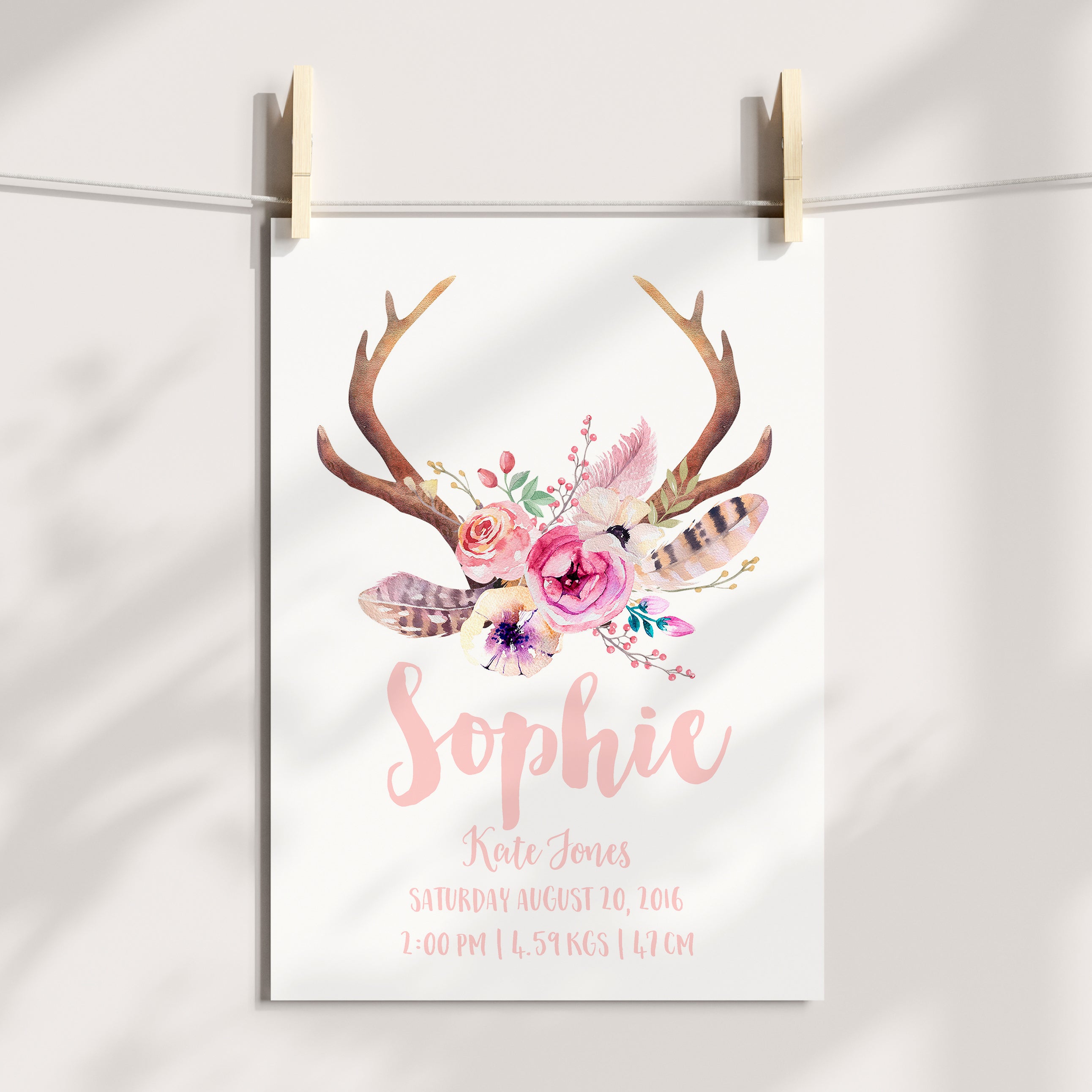 Tribal Boho Antler Birth Print