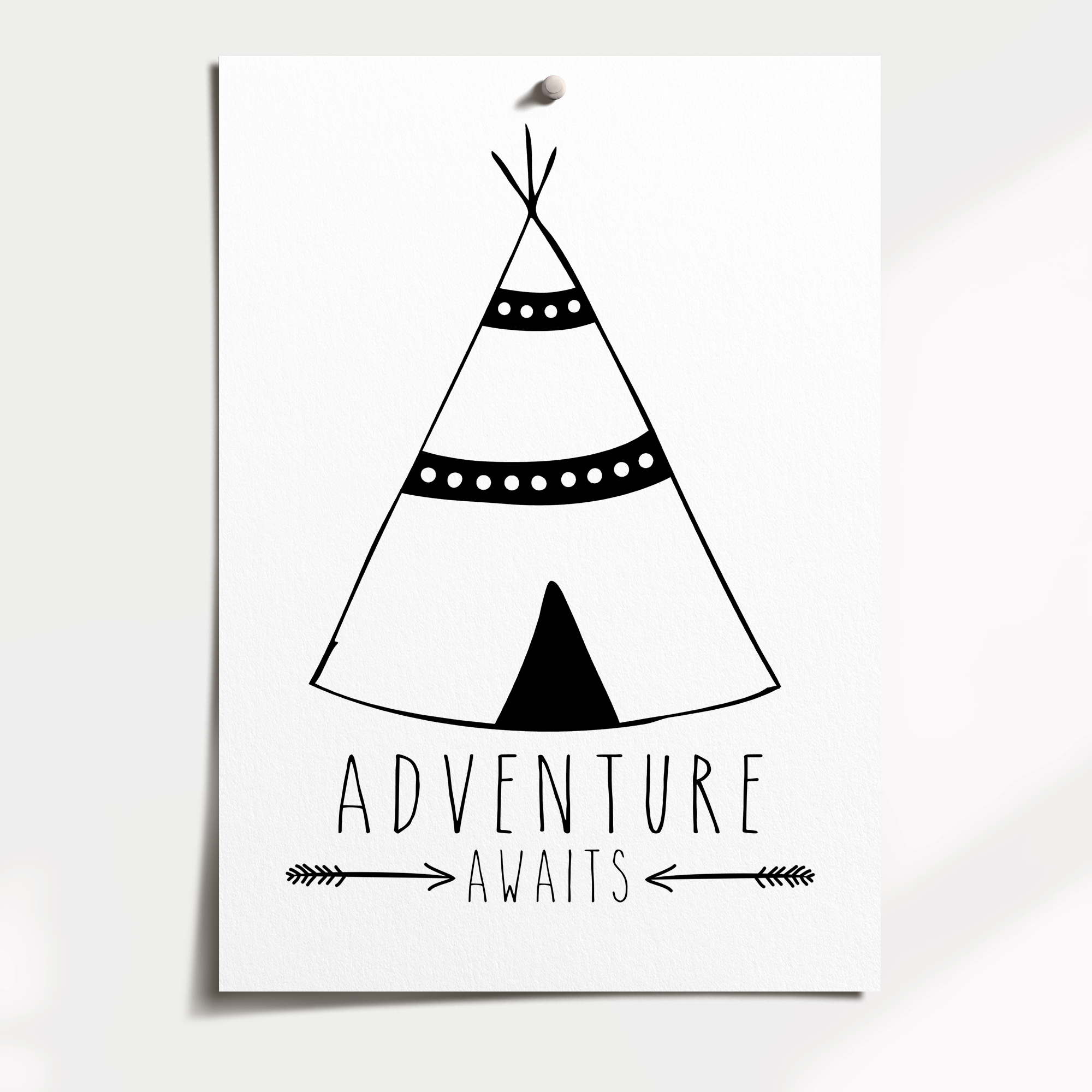 Monochrome Adventure Awaits Tribal Teepee Nursery or Bedroom Wall Art Print