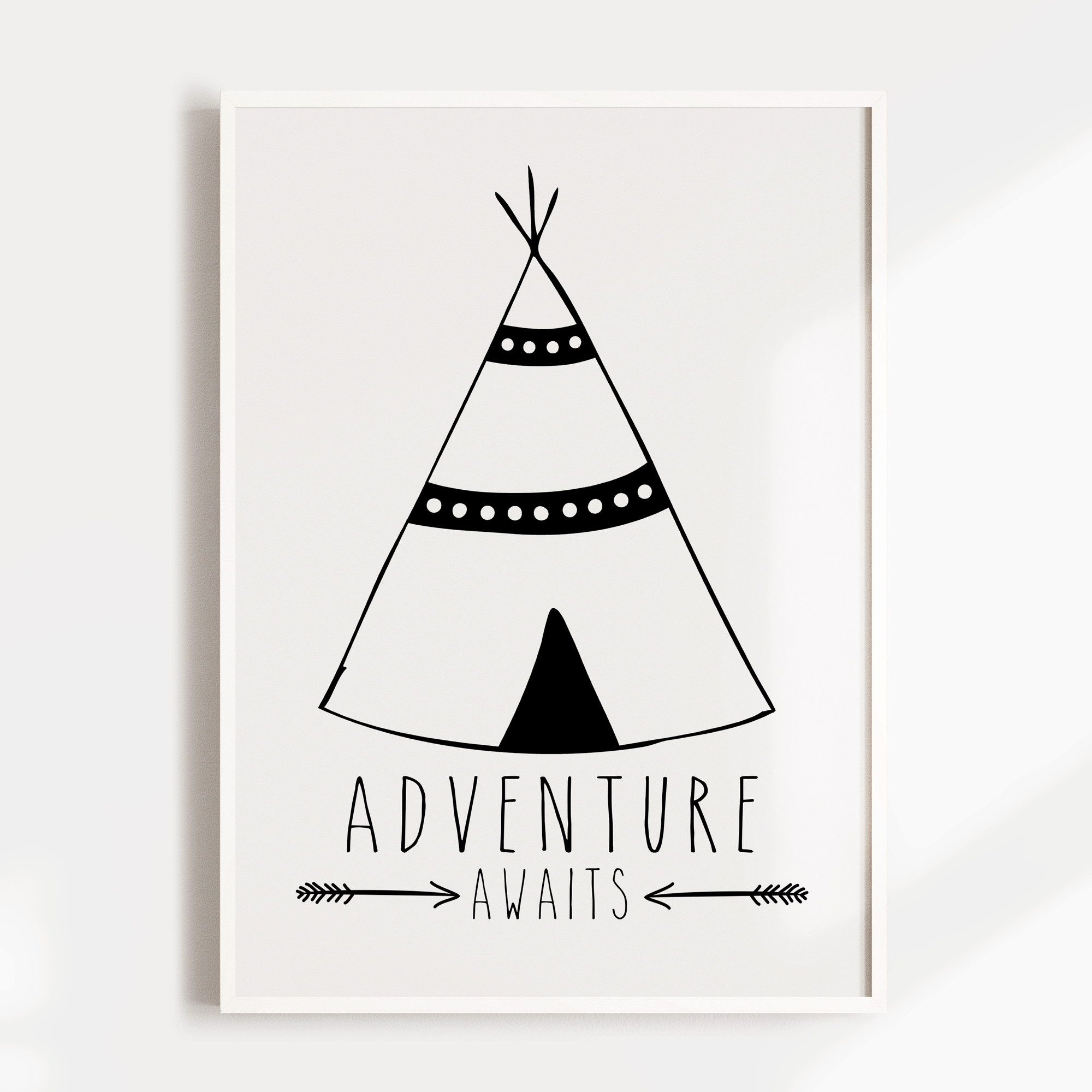 Monochrome Adventure Awaits Tribal Teepee Nursery or Bedroom Wall Art Print