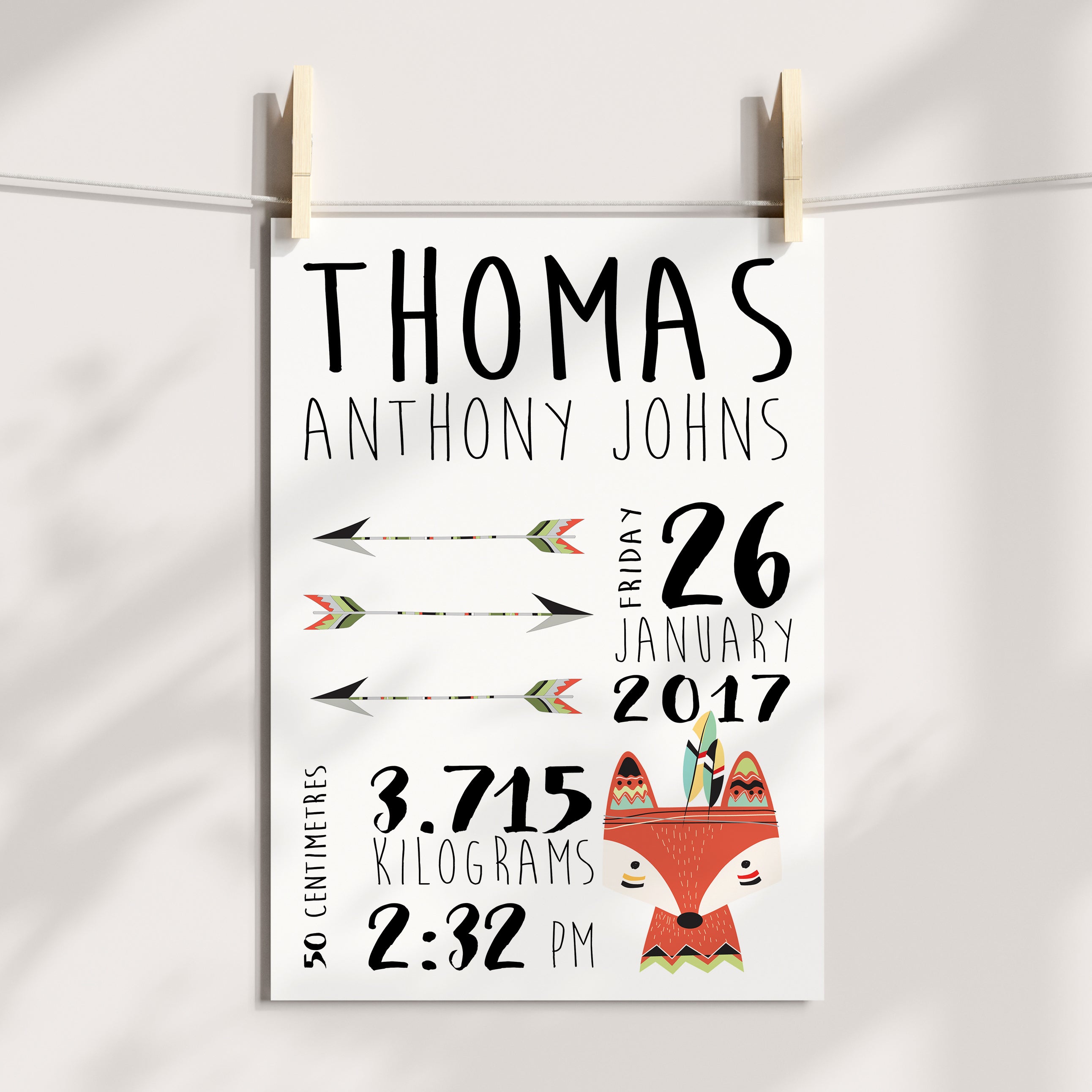 Tribal Fox & Arrows Birth Print