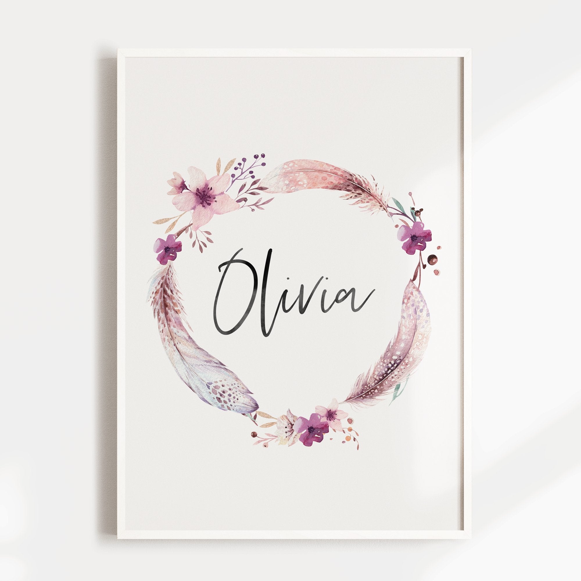 Boho Feather & Floral Wreath Name Print