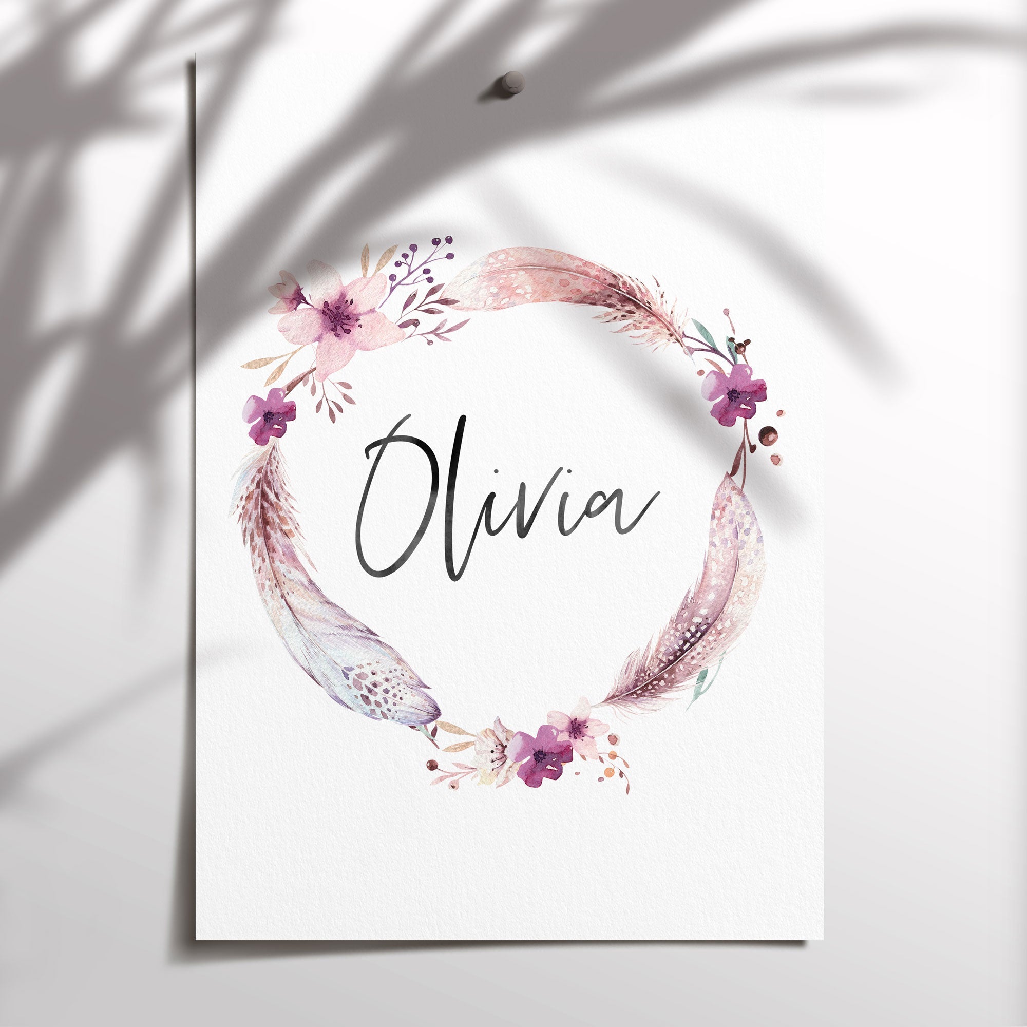 Boho Feather & Floral Wreath Name Print