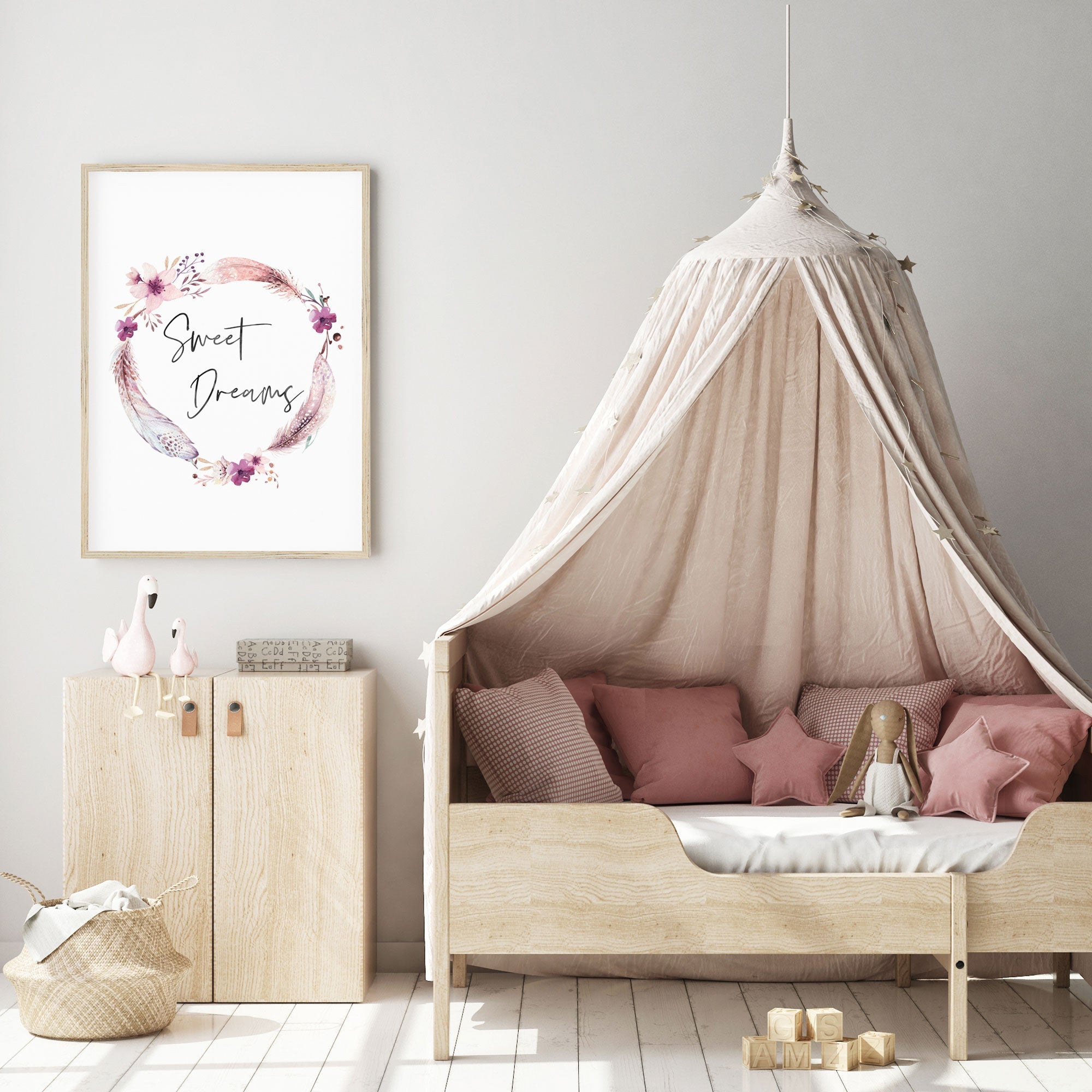 Boho Feather & Floral Wreath Sweet Dreams Print