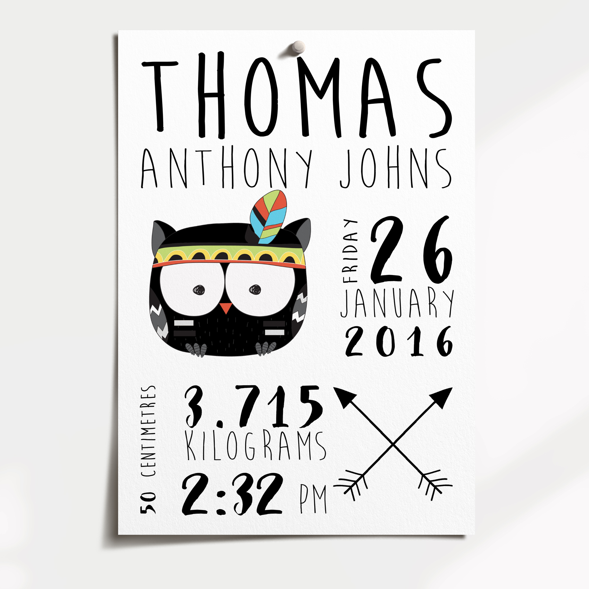 Tribal Owl & Arrows Birth Print