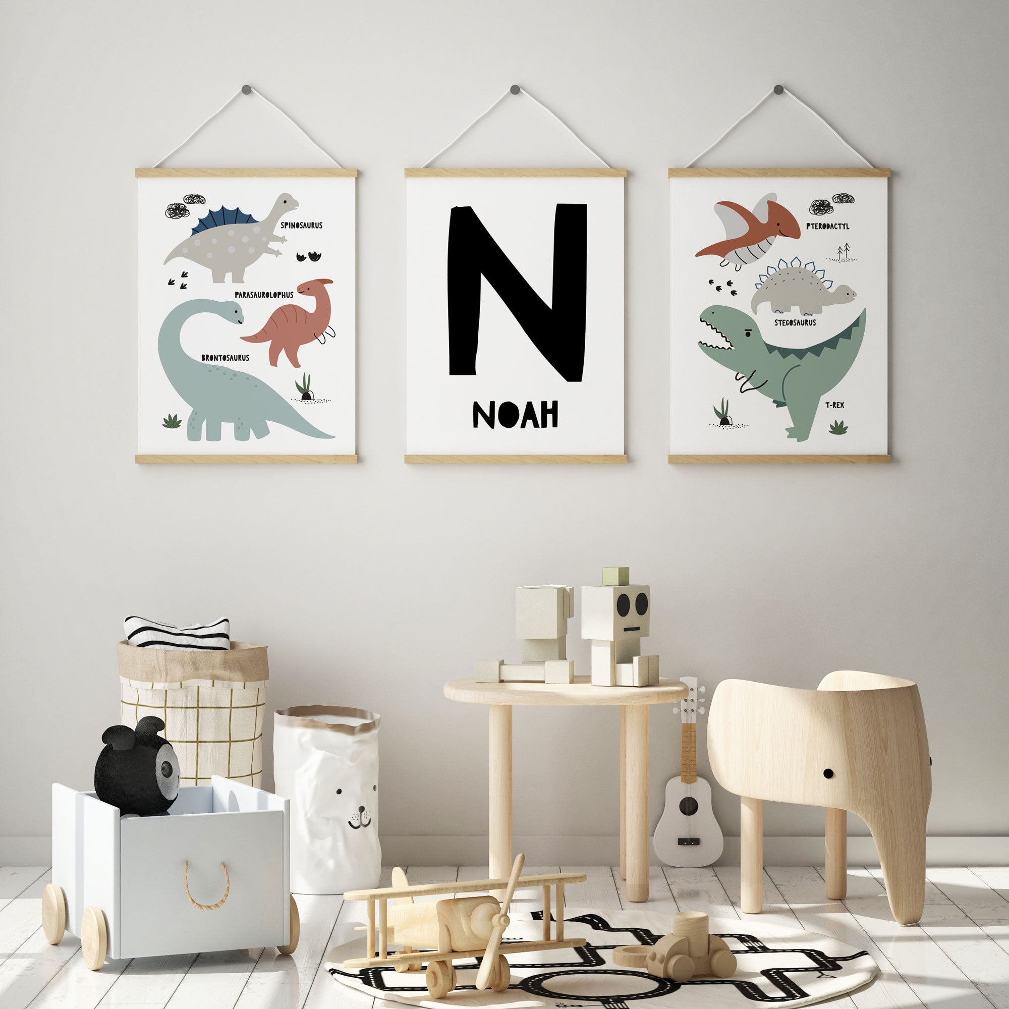 Dinosaur Nursery Playroom Wall Art Prints with name black