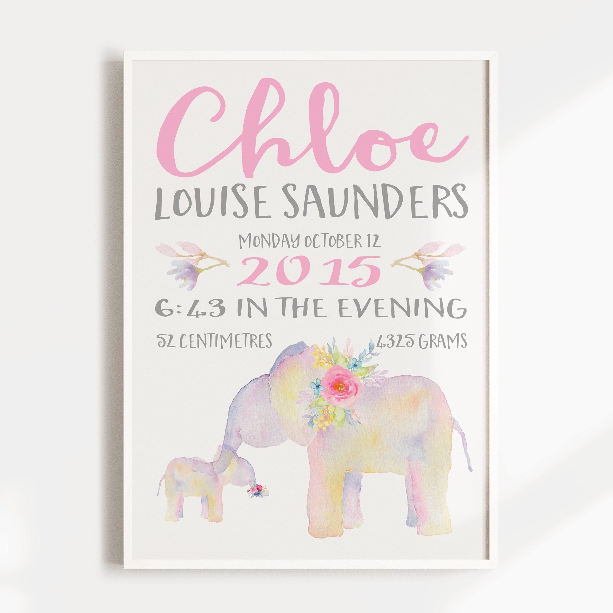 Floral Elephant Birth Print