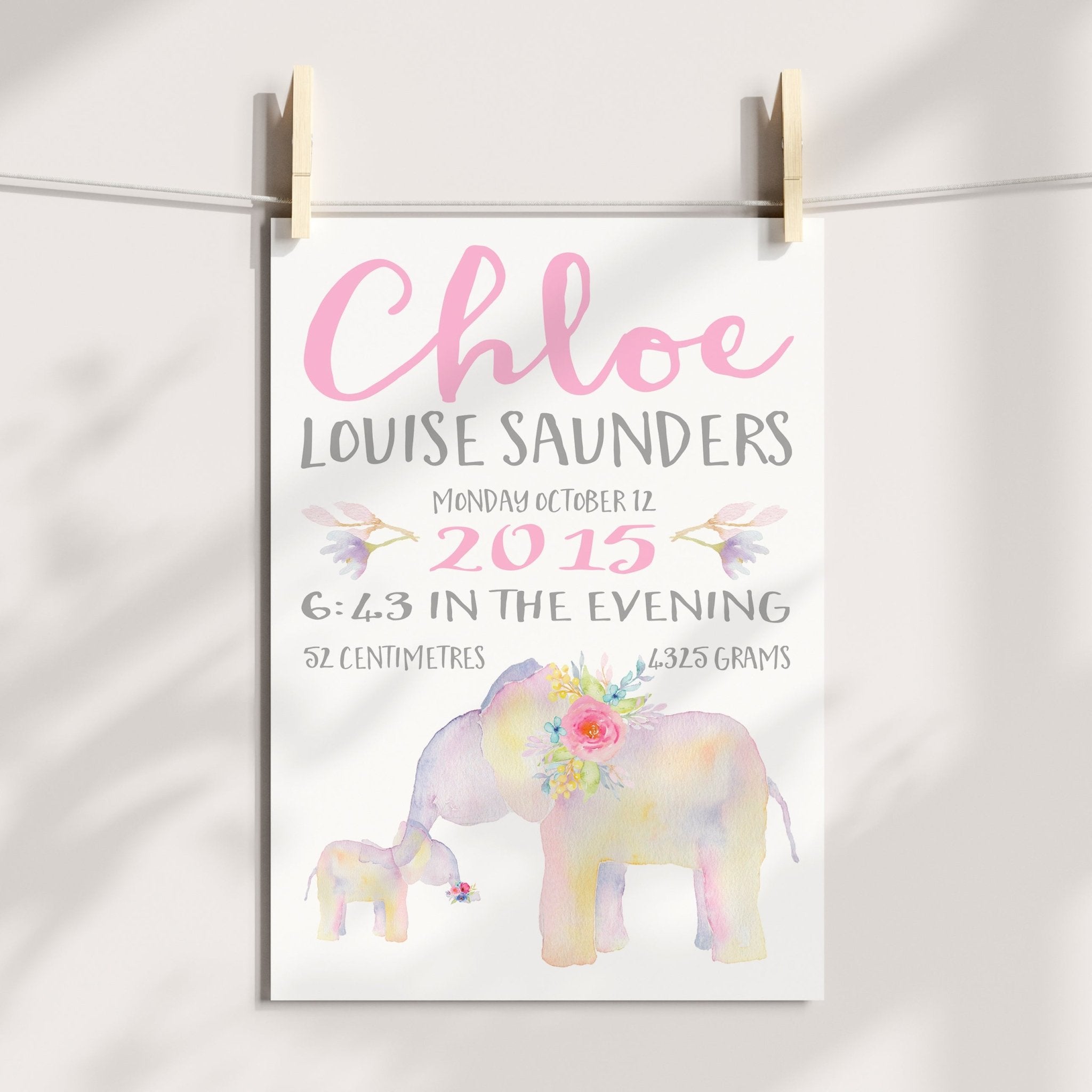 Floral Elephant Birth Print