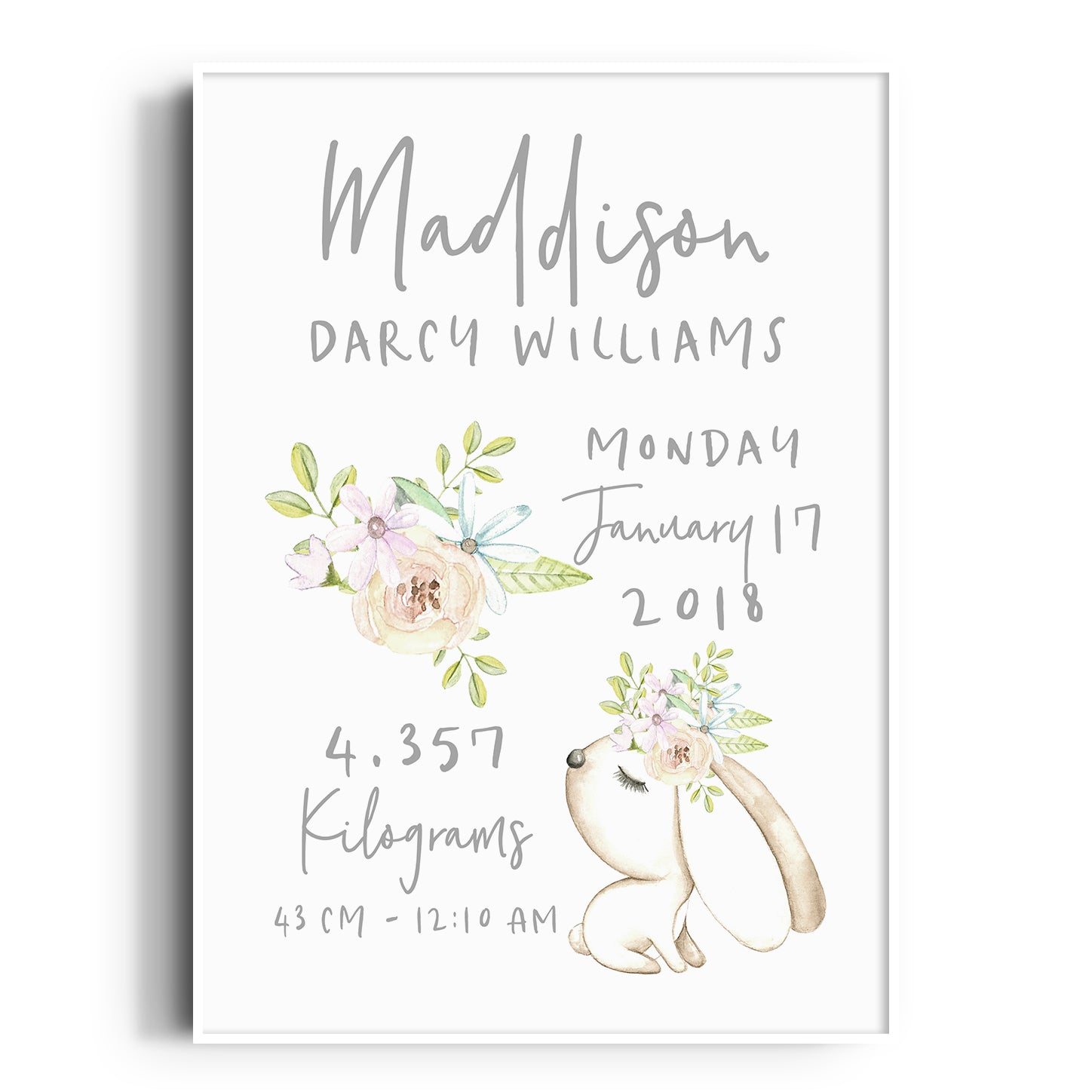Floral Woodland Bunny Birth Print