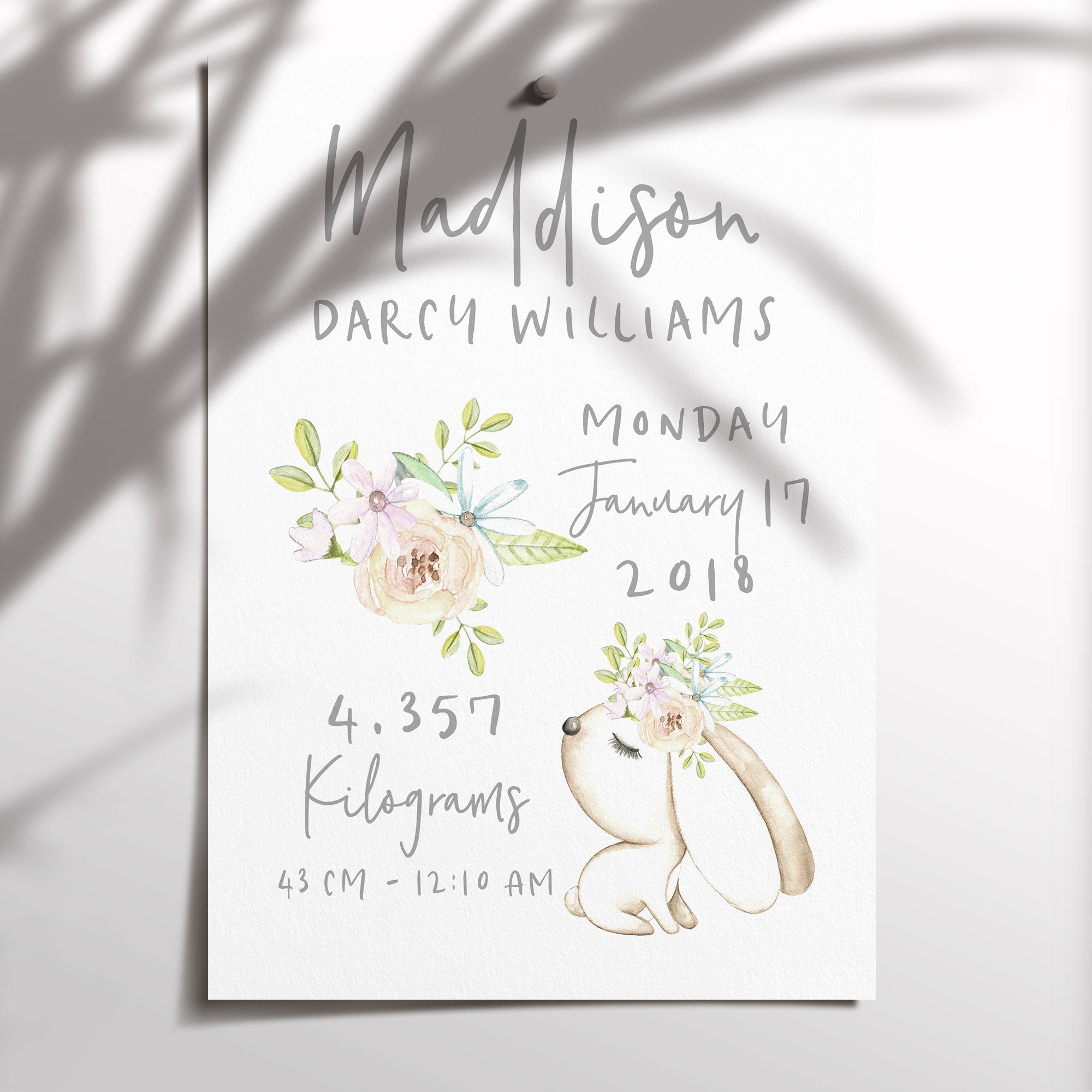 Floral Woodland Bunny Birth Print