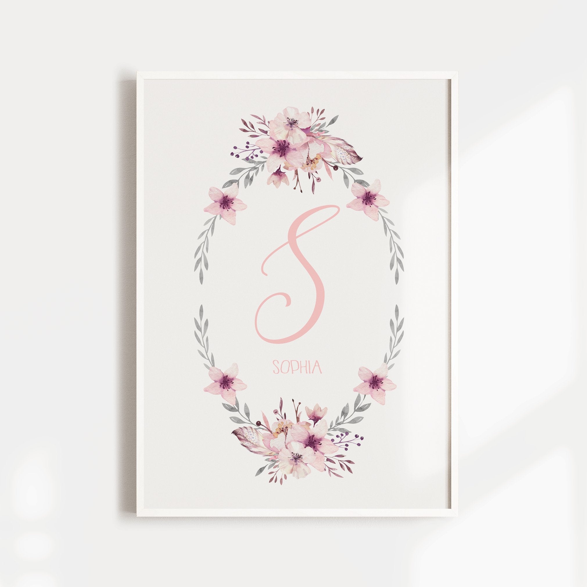 Girls Pink Floral Boho Nursery Name Print