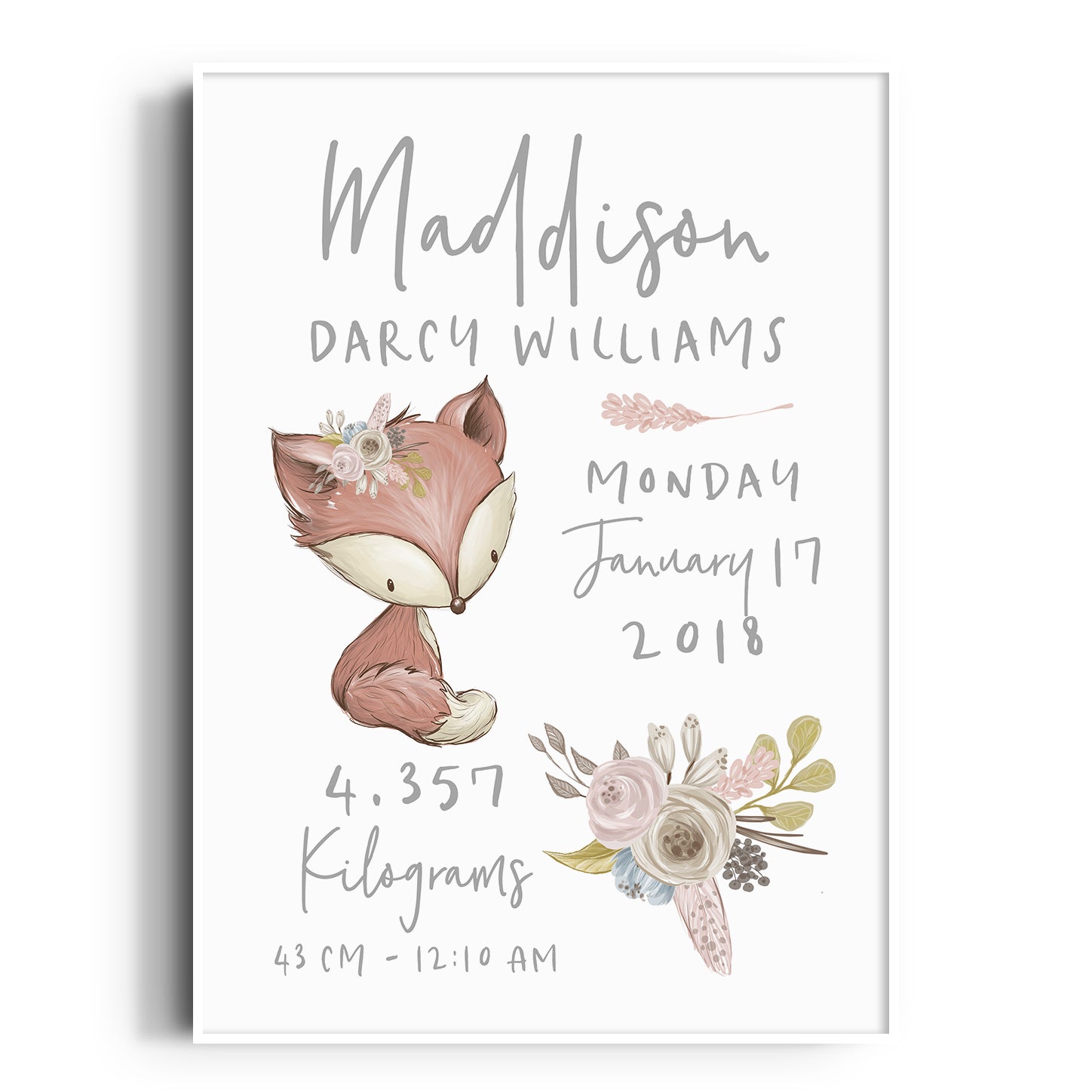 Floral Woodland Fox Birth Print
