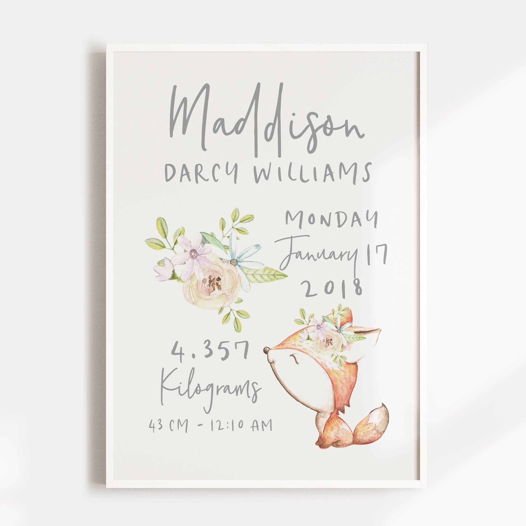 Floral Woodland Fox Birth Print