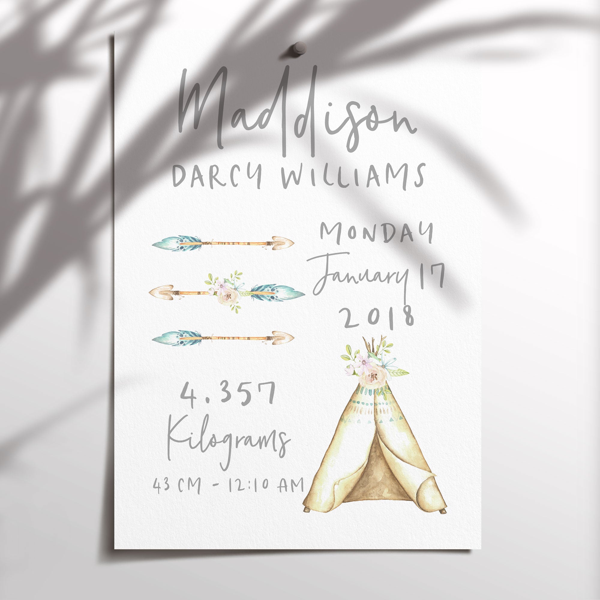 Woodland Tribal Teepee & Arrows Birth Print