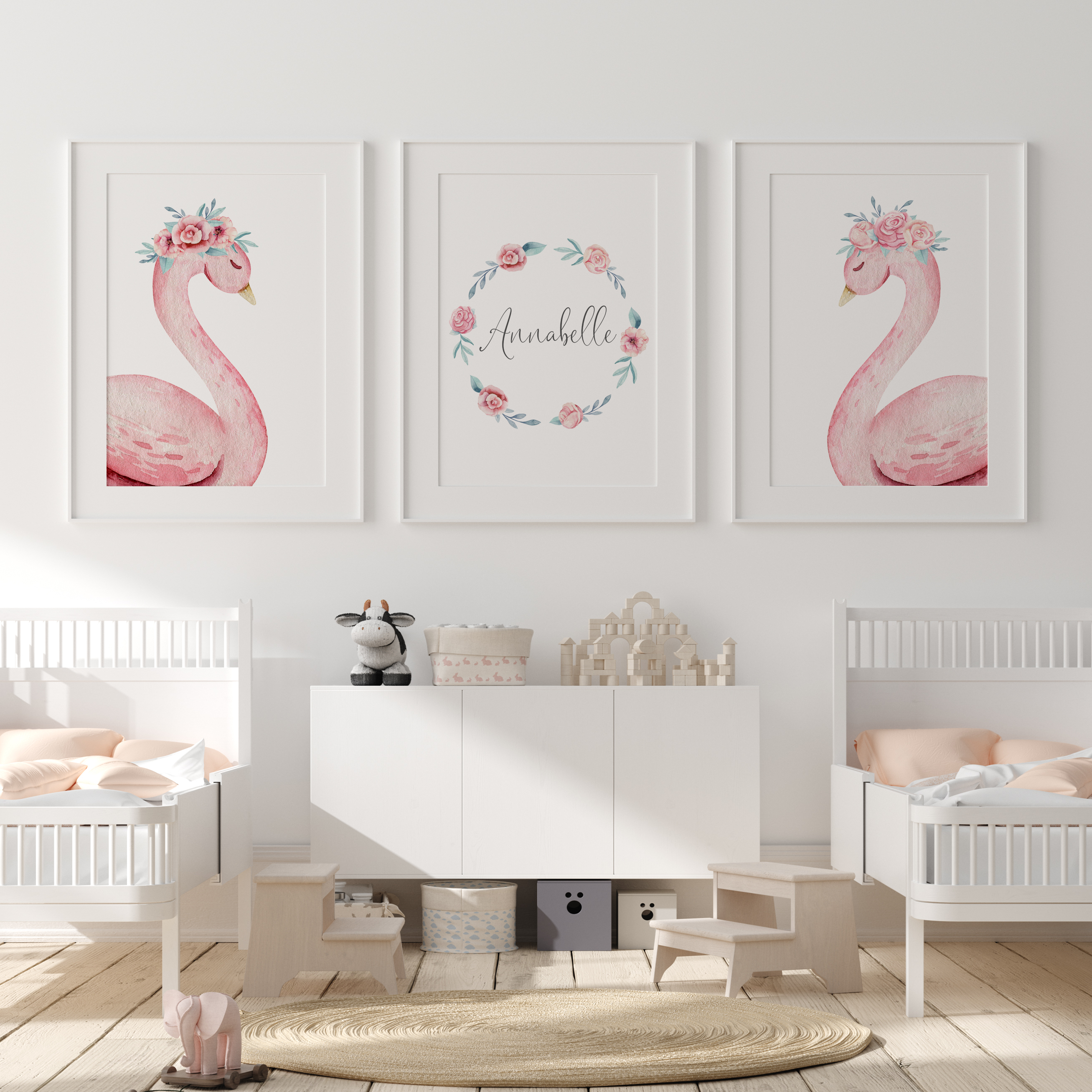 Pink Floral Watercolour Swans & Name Prints