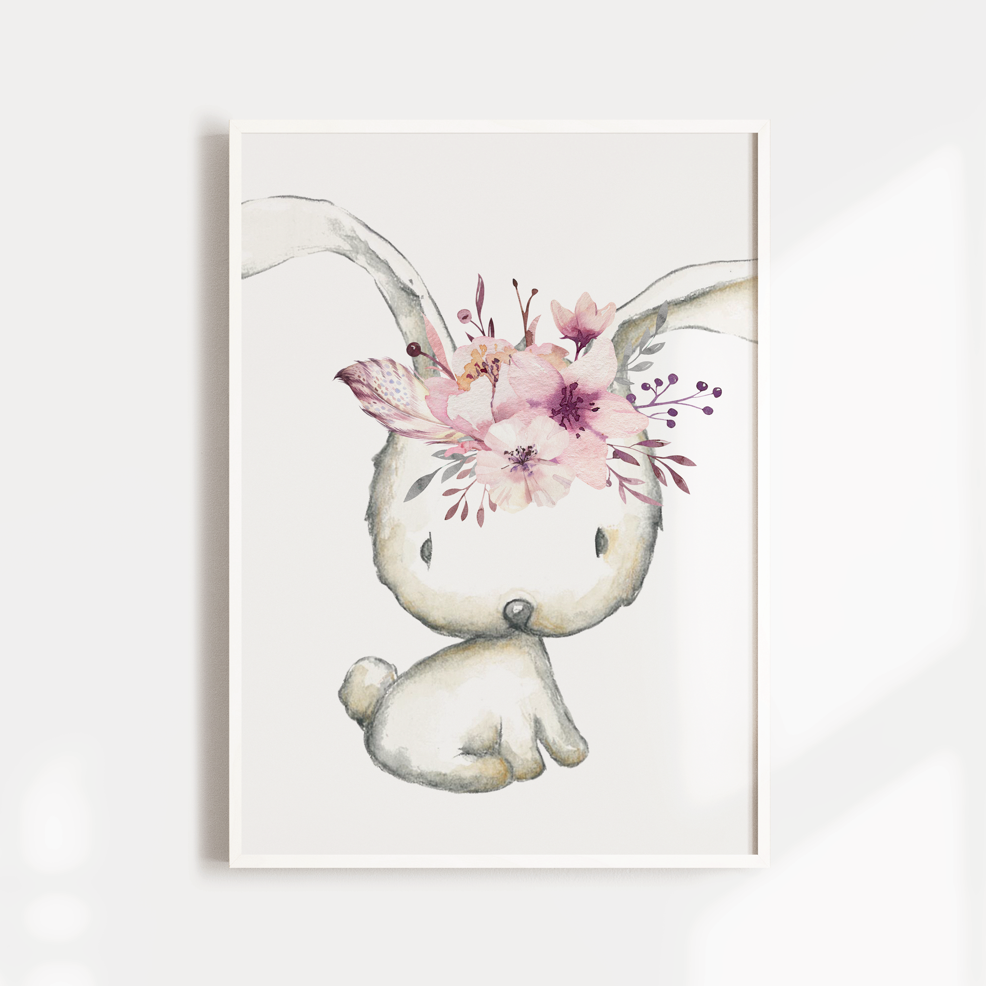 Girls Pink Floral Woodland Bunny Nursery Print