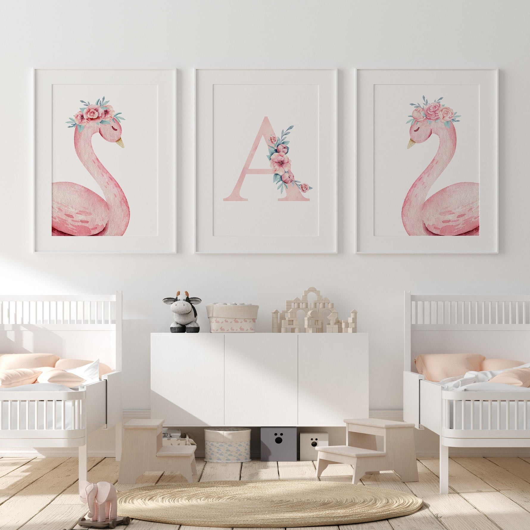 Nursery Prints, Nursery Wall Art, Girl, Pink, Floral, Swan Nursery, Baby Animal Prints, Woodland, Monogram Letter Print, Set of 3, Boho