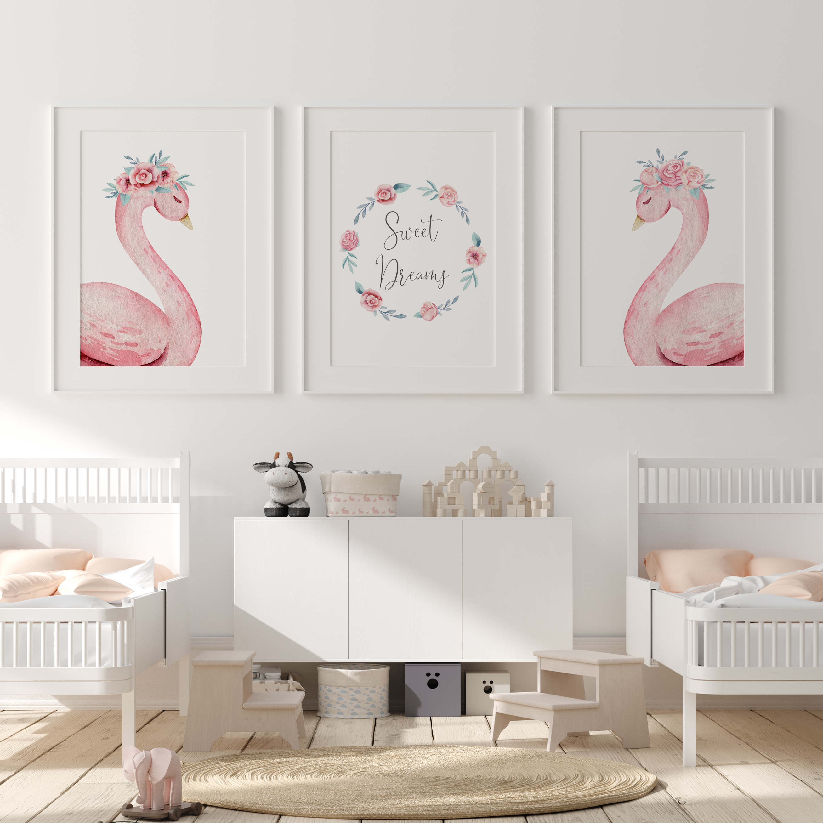 Pink Floral Watercolour Swans & Sweet Dreams Prints