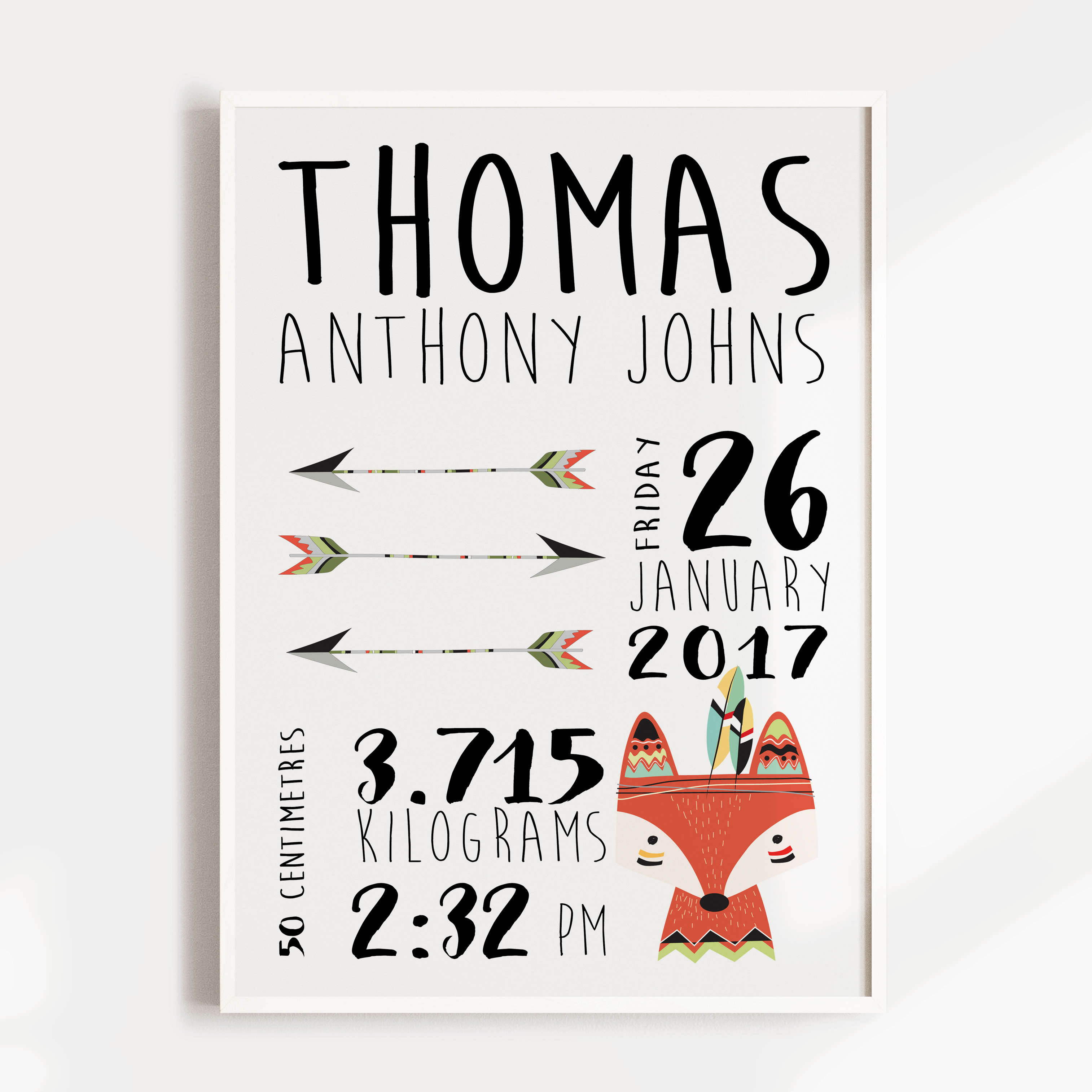 Tribal Fox & Arrows Birth Print
