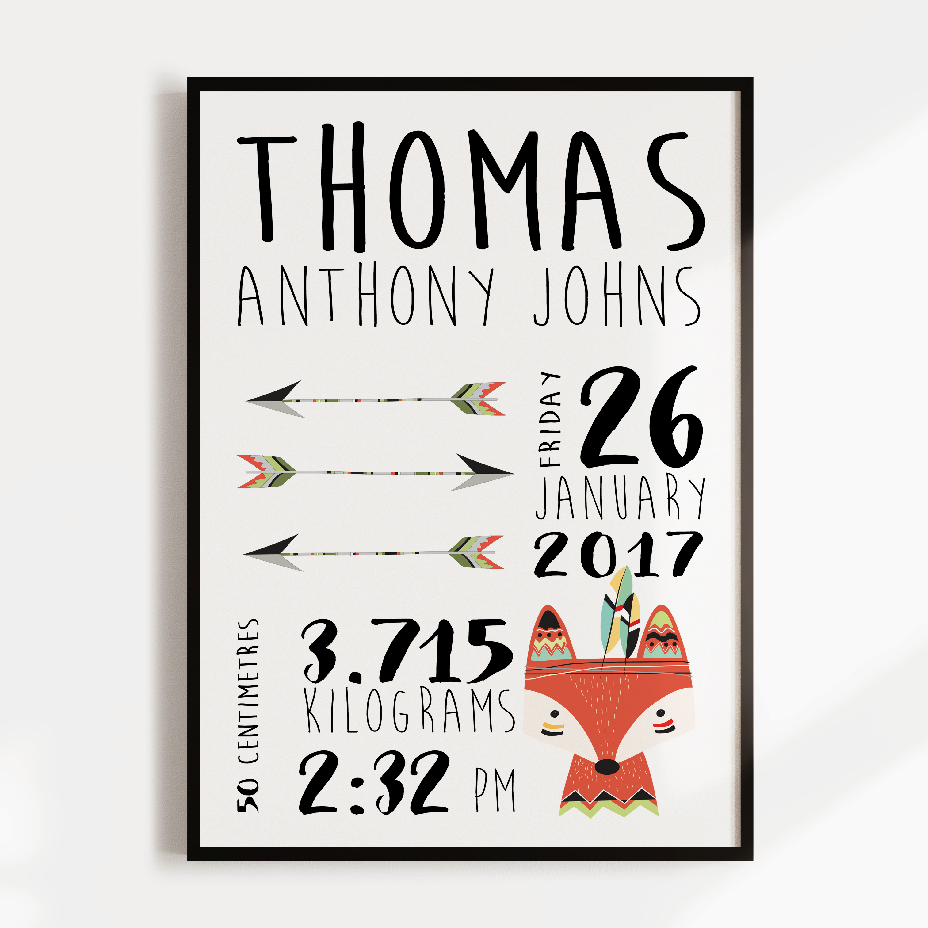 Tribal Fox & Arrows Birth Print